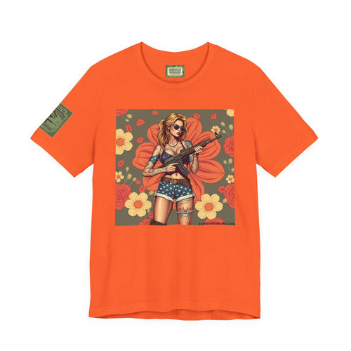 Graphic Short Sleeve Tee front and back — Retro Americana Pin-Up Girls with AK-47 Rifles