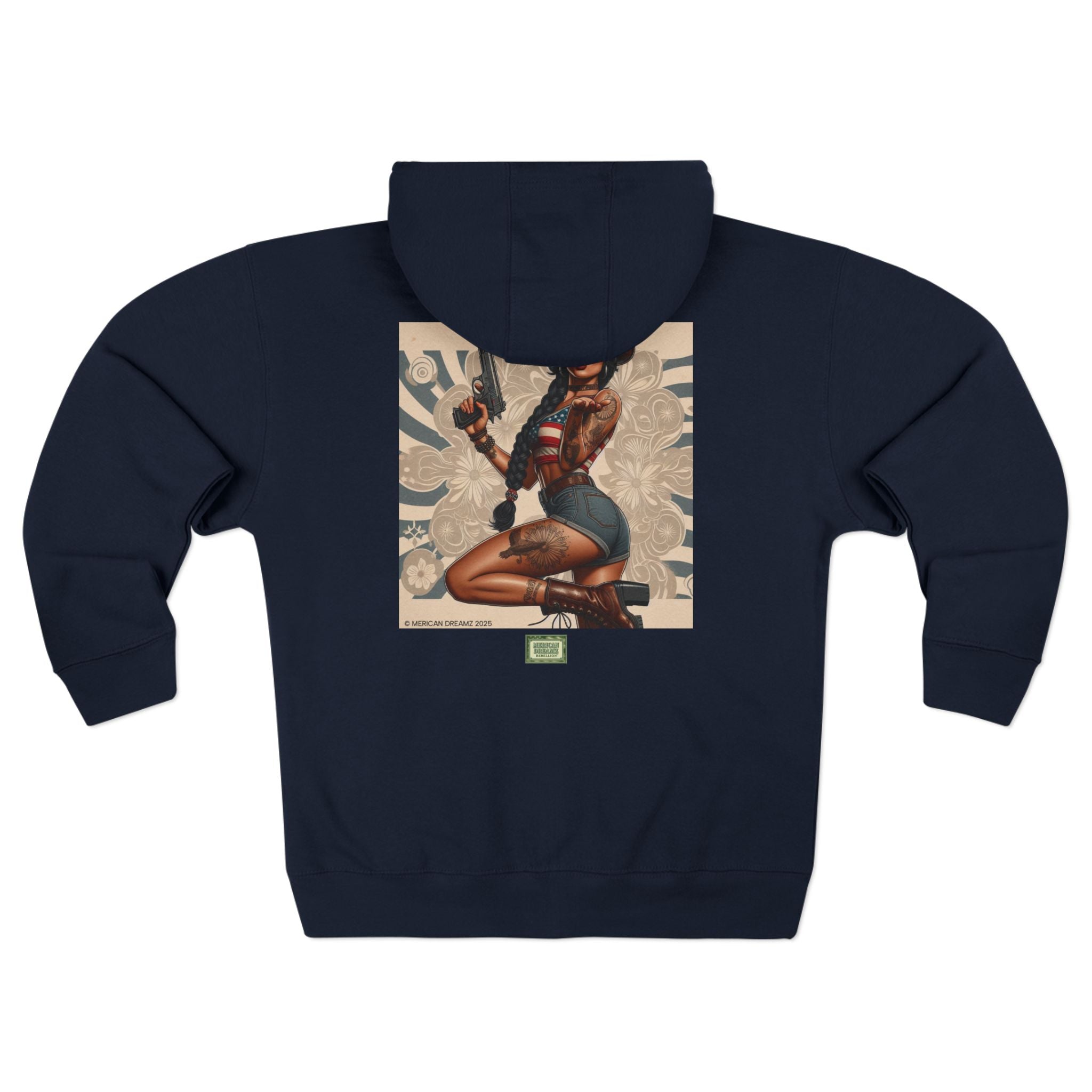Americana Pinup Cowgirl with 9mm Zip Hoodie — Retro Vintage Patriotic Graphic