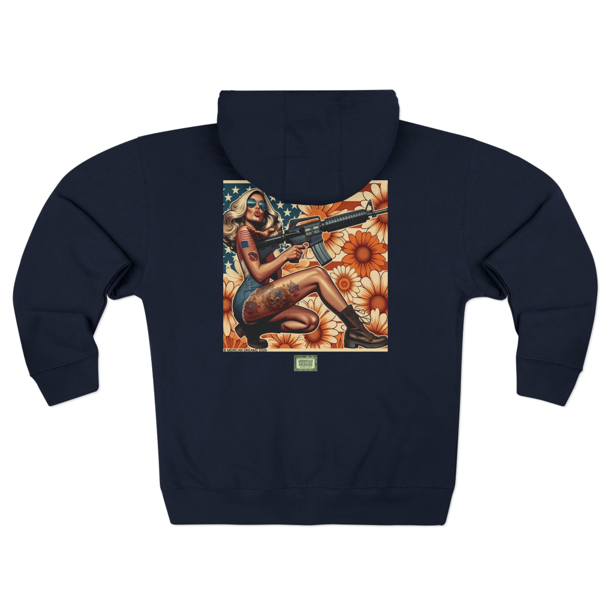 Americana Pinup Cowgirl with AR-15 Zip Hoodie — Retro Vintage Patriotic Graphic