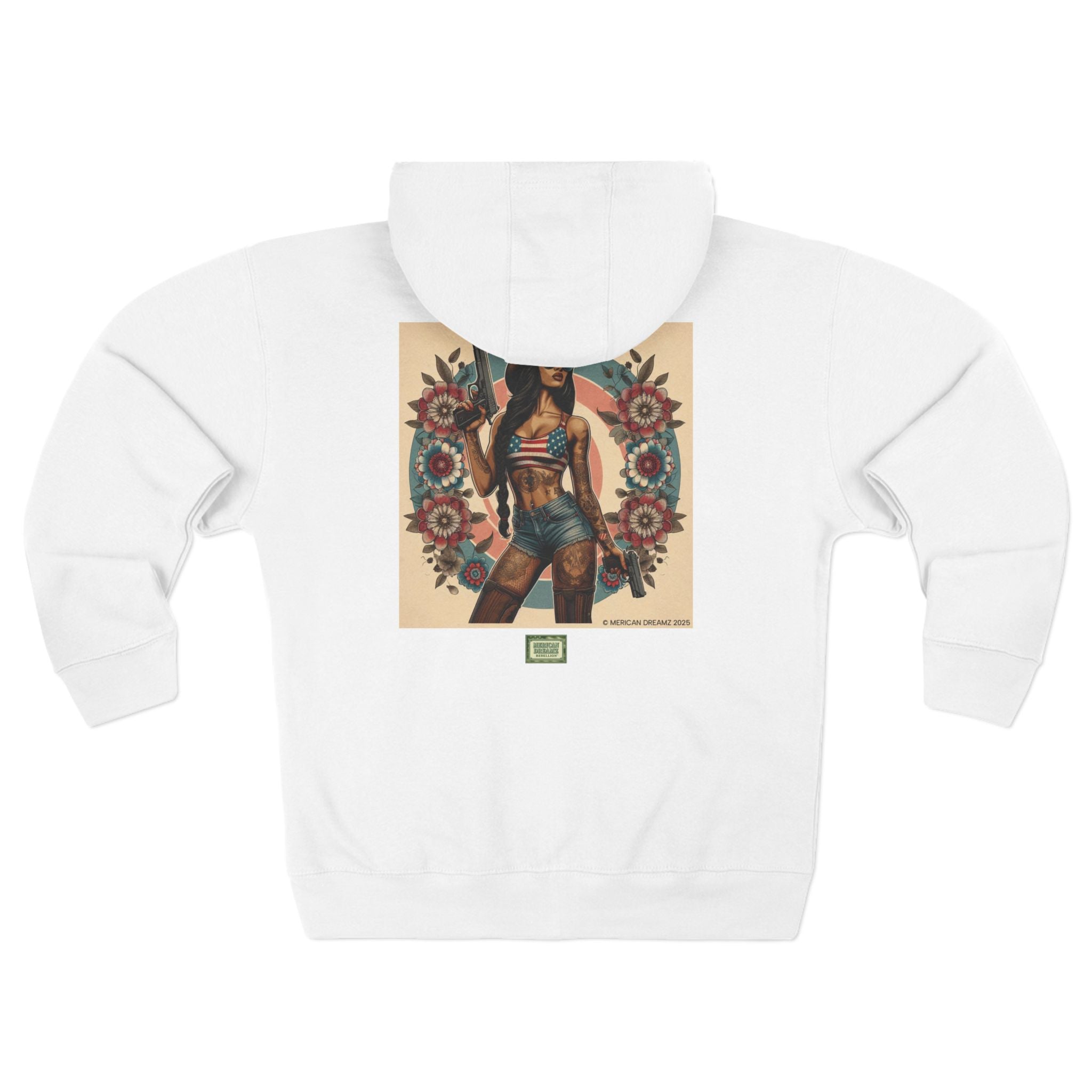 Americana Pinup Cowgirl with 9mm Zip Hoodie — Retro Vintage Patriotic Graphic