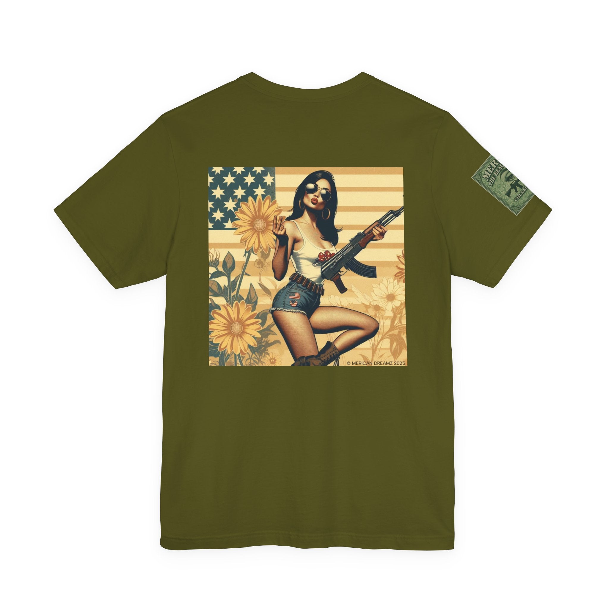 Graphic Short Sleeve Tee front and back — Retro Americana Pin-Up Girls with AK-47 Rifles