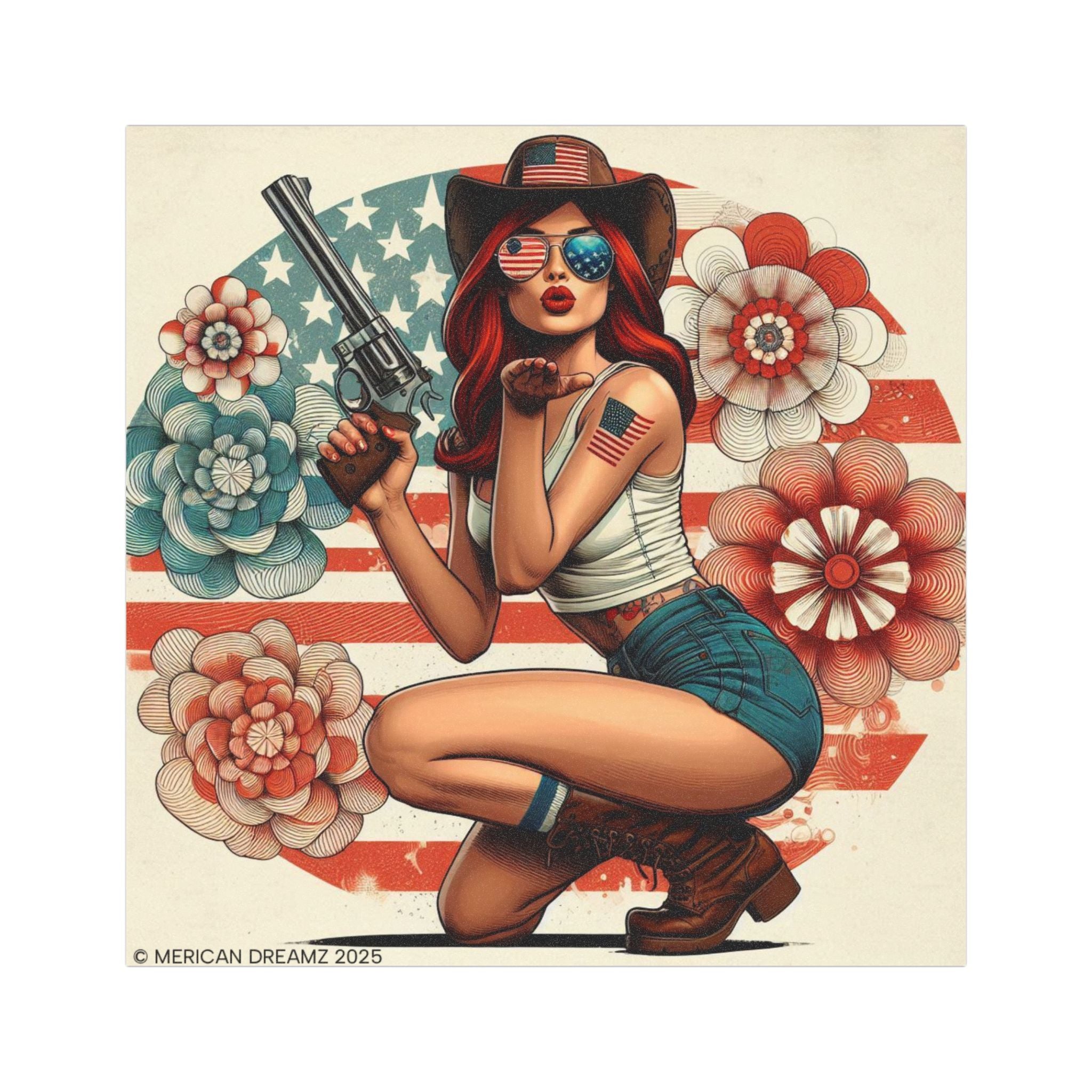 Car Magnet Patriotic Americana Cowgirl with Pistol | Square American Flag Vintage Floral