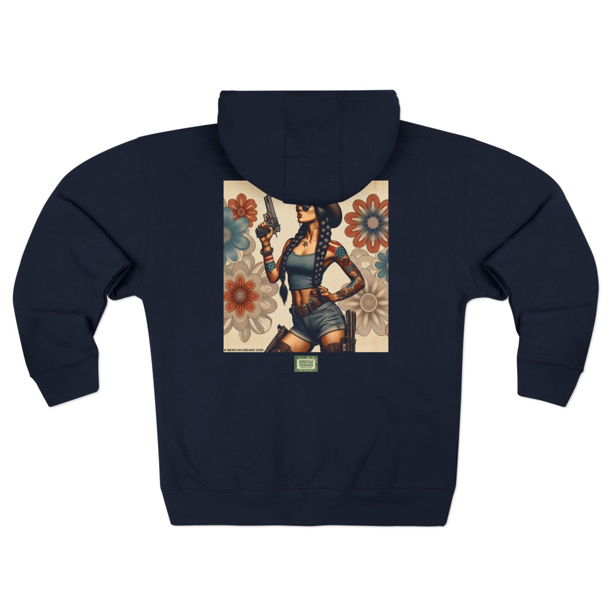 Americana Pinup Cowgirl with 9mm Zip Hoodie — Retro Vintage Patriotic Graphic