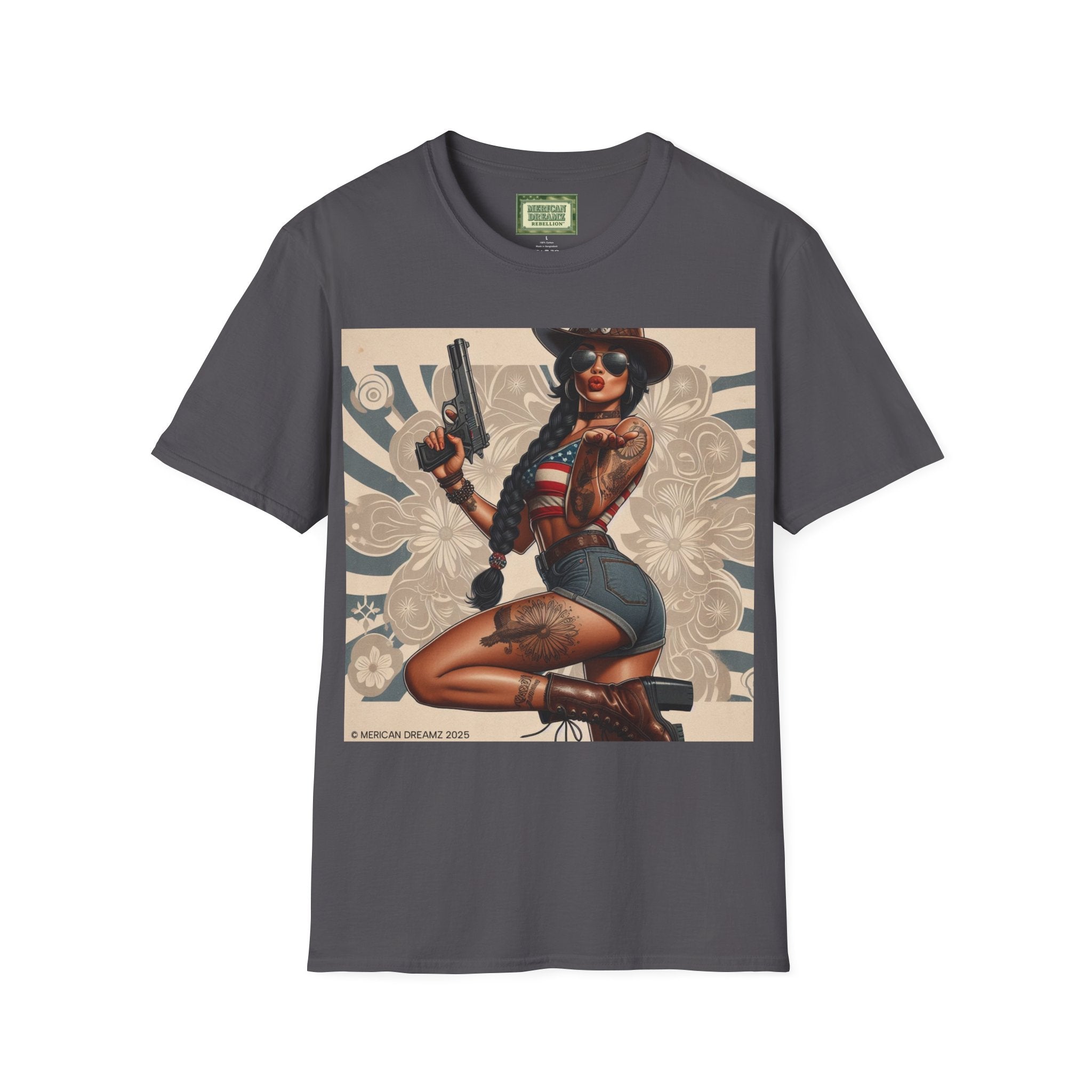 Pin-Up Americana T-Shirt — Retro Floral Gun Cowgirl Vintage Style (US Only)