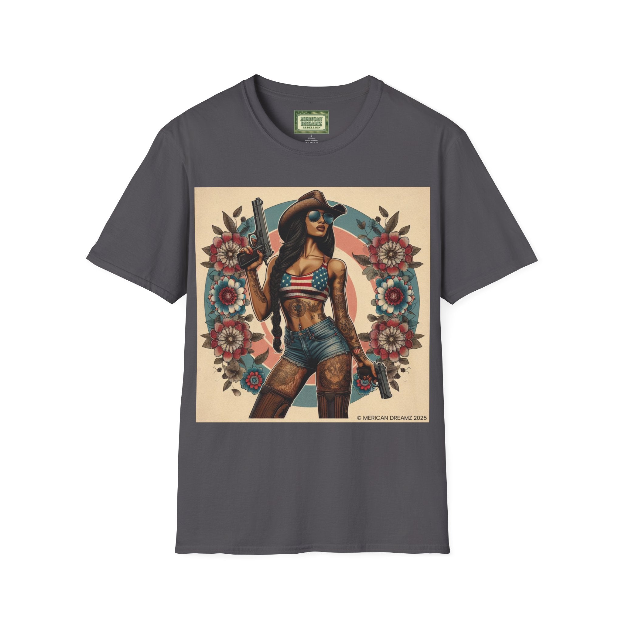 Pin-Up Americana T-Shirt — Retro Floral Gun Cowgirl Vintage Style (US Only)