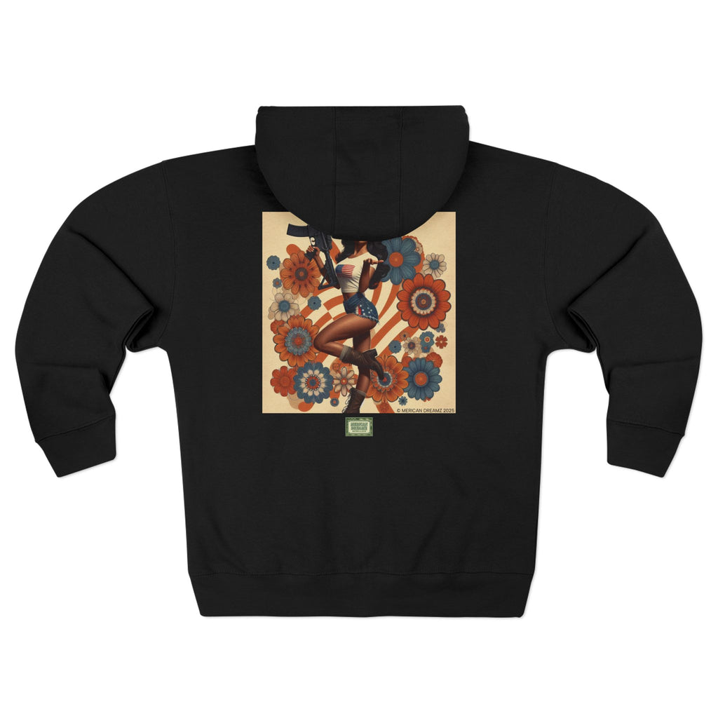 Americana Pinup Cowgirl with AR-15 Zip Hoodie — Retro Vintage Patriotic Graphic