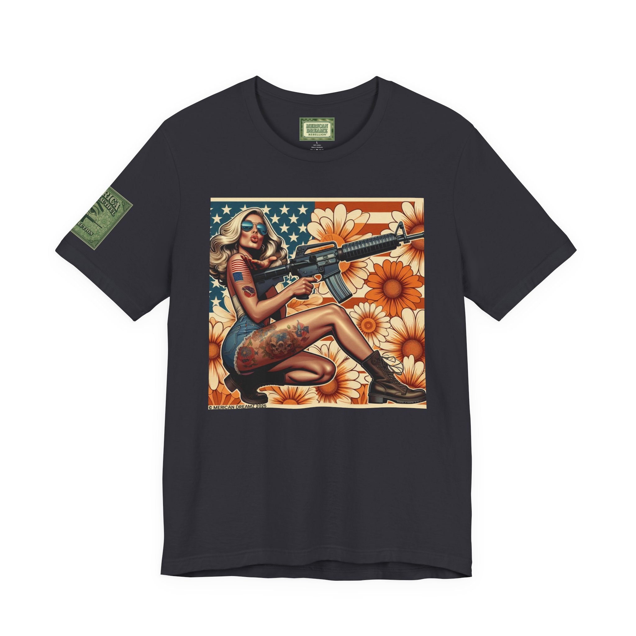 Graphic Short Sleeve Tee front and back — Retro Americana Pin-Up Girls with AR-15 Rifles