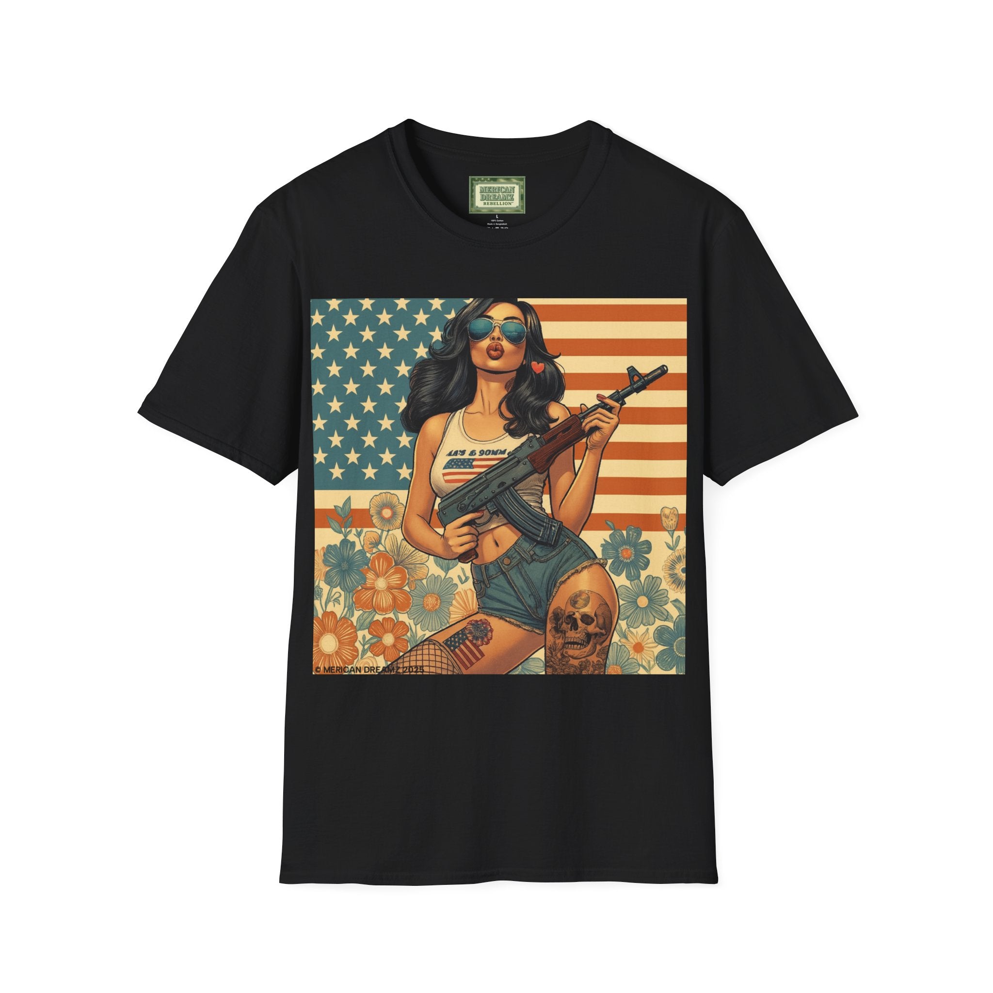 Graphic T-Shirt — Patriotic Pinup Girl with Rifle Vintage Flag Design (US Only)
