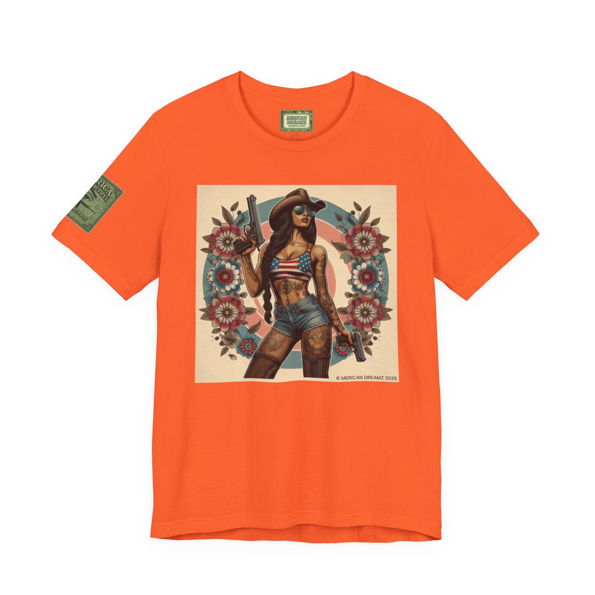 Graphic Short Sleeve Tee front and back — Retro Americana Pin-Up Cowgirls with 9mm Pistols