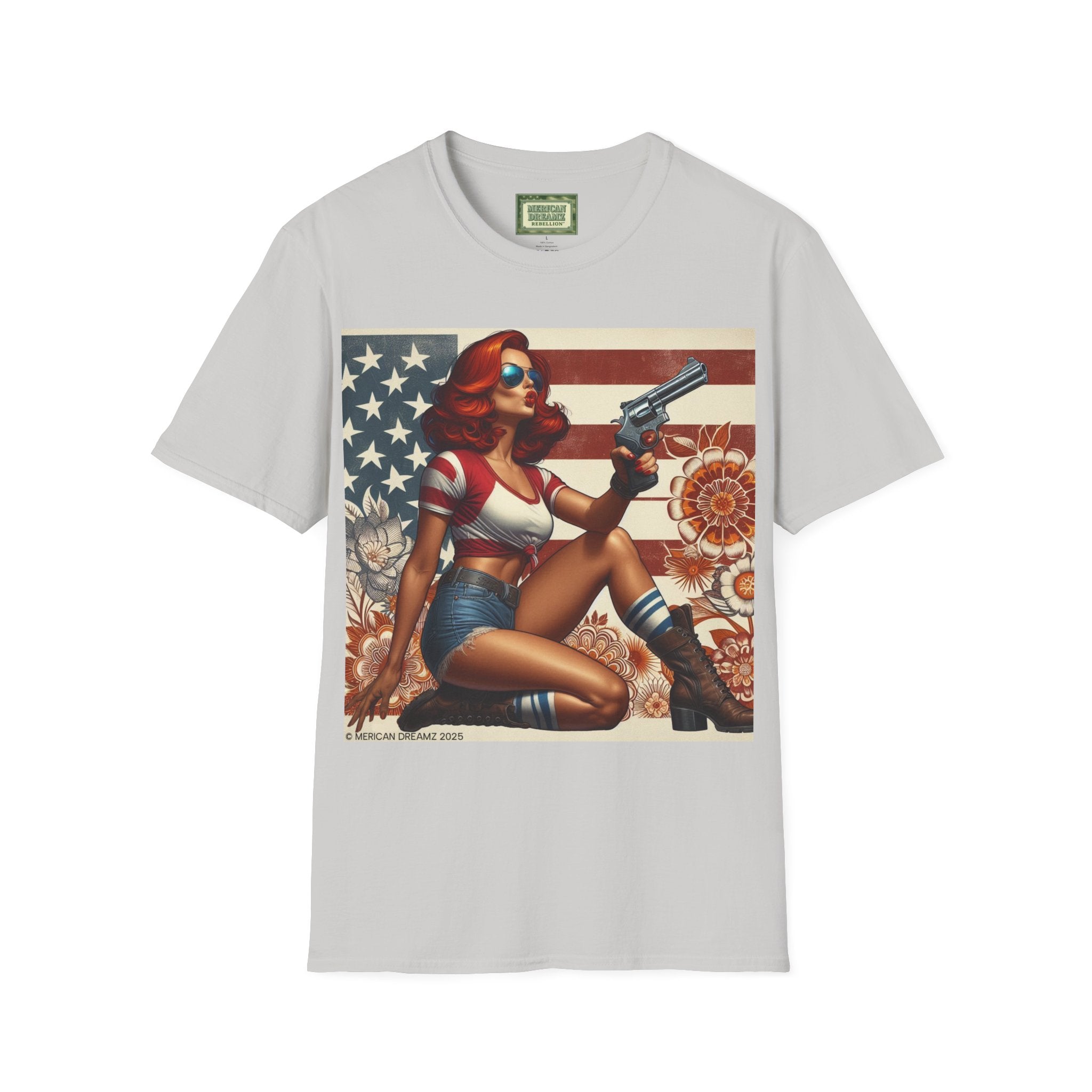 Graphic T-Shirt — Patriotic Pinup Girl with Rifle Vintage Flag Design (US Only)