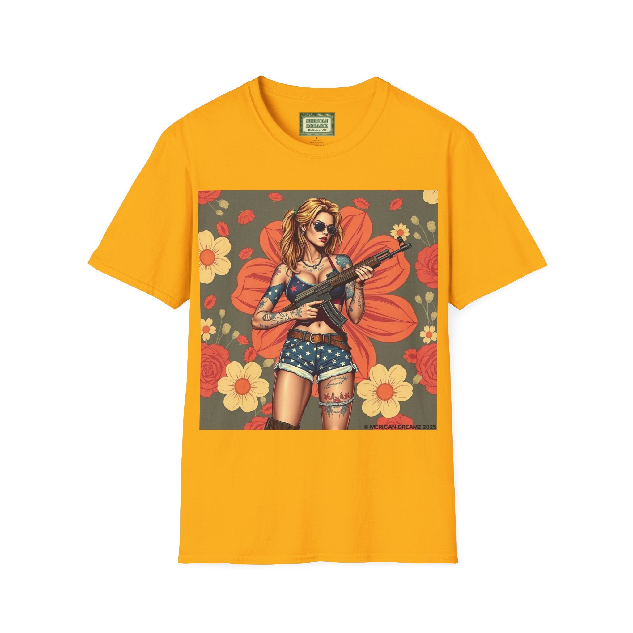 Graphic T-Shirt — Patriotic Pinup Girl with Rifle Vintage Flag Design (US Only)