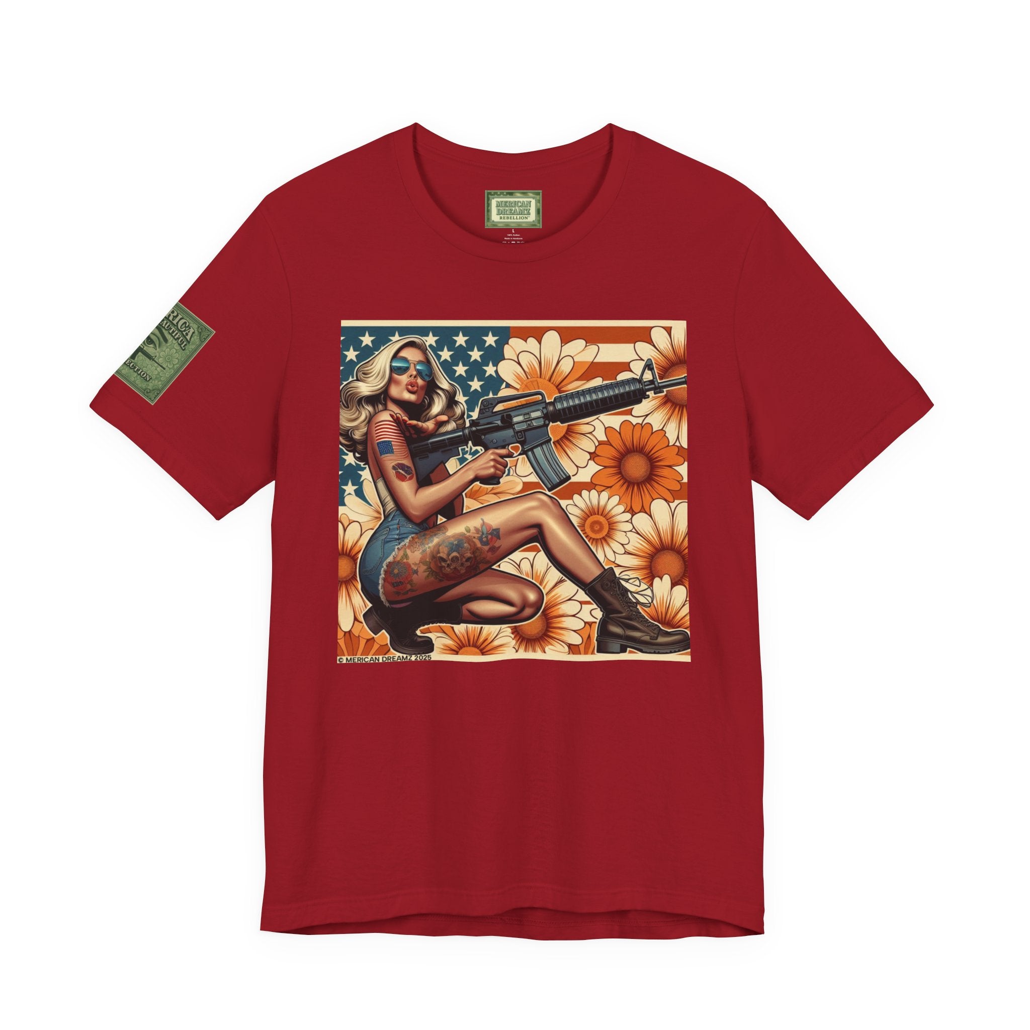 Graphic Short Sleeve Tee front and back — Retro Americana Pin-Up Girls with AR-15 Rifles