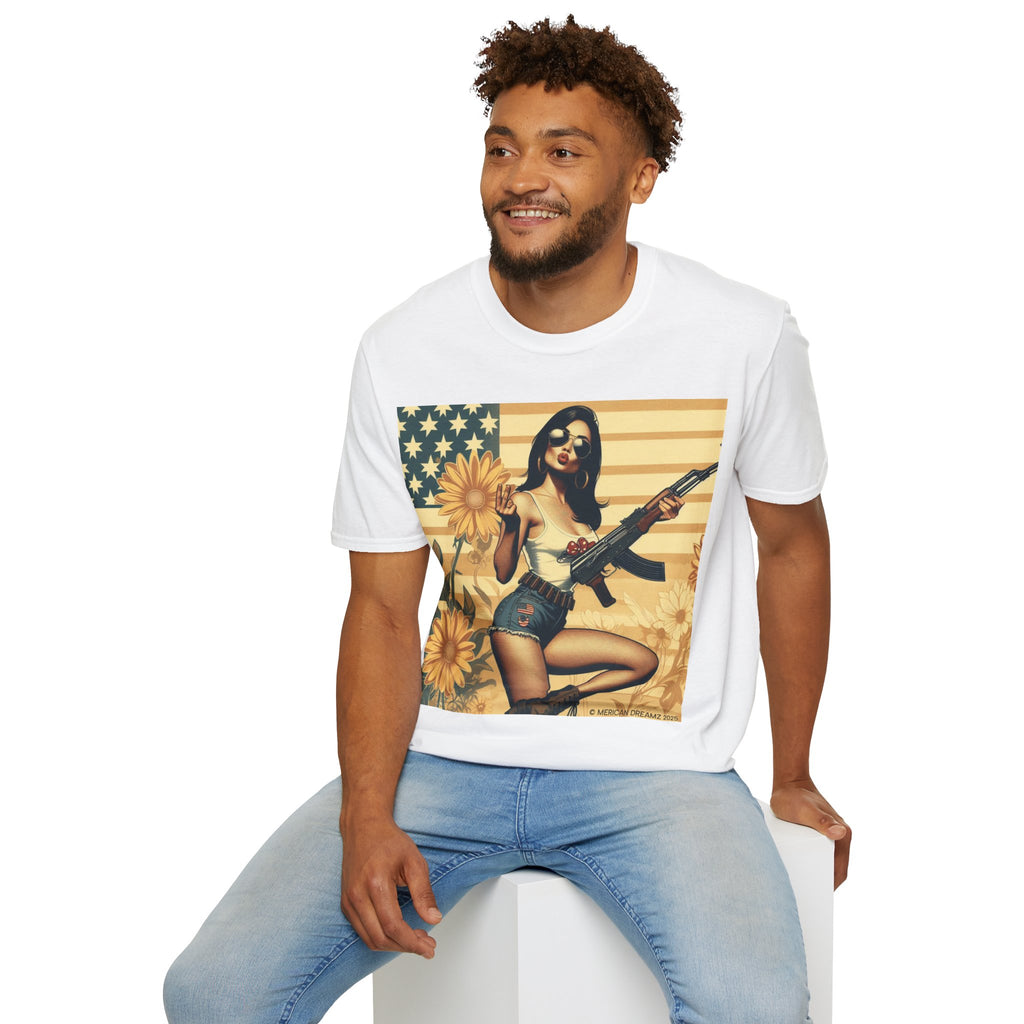 Graphic T-Shirt — Patriotic Pinup Girl with Rifle Vintage Flag Design (US Only)