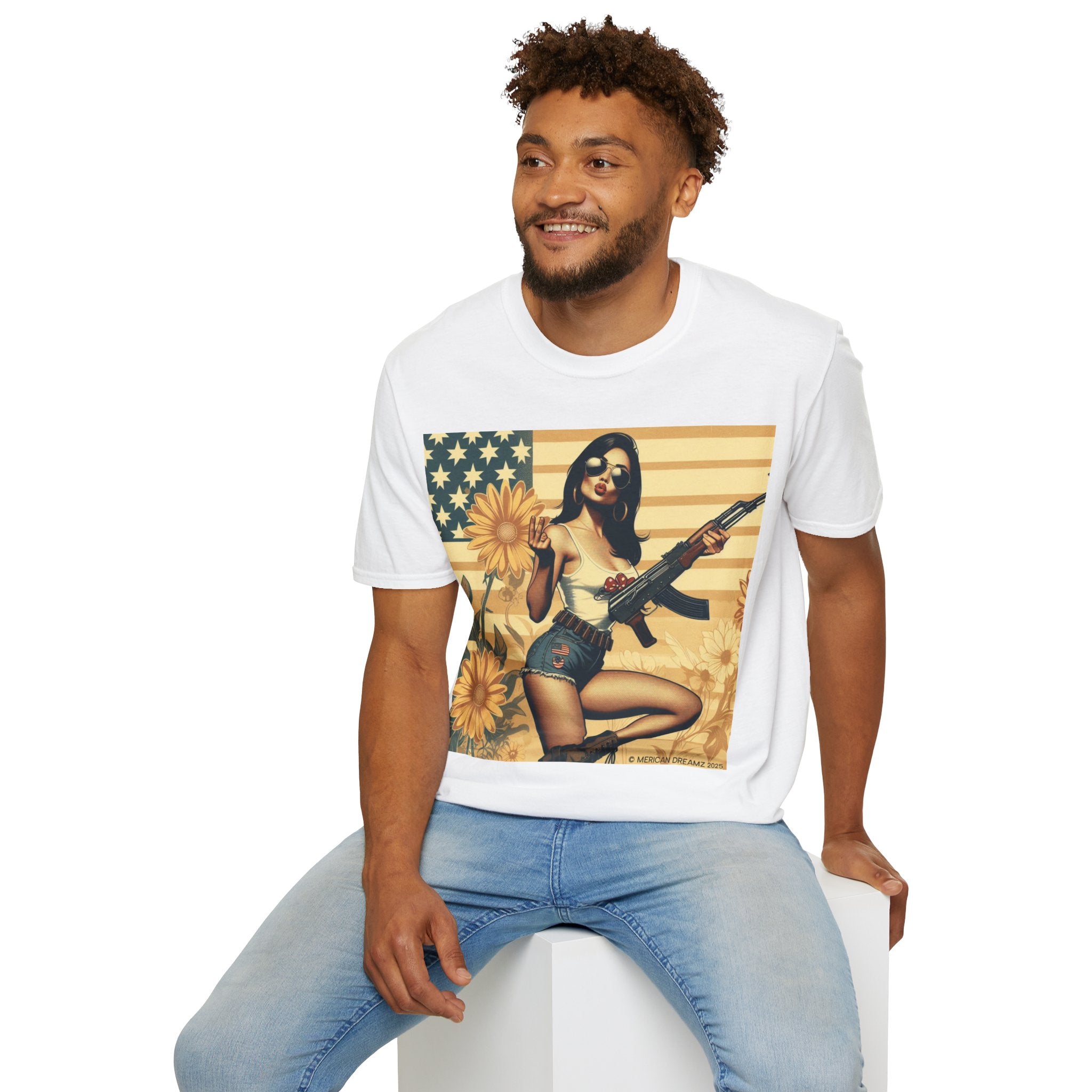 Graphic T-Shirt — Patriotic Pinup Girl with Rifle Vintage Flag Design (US Only)