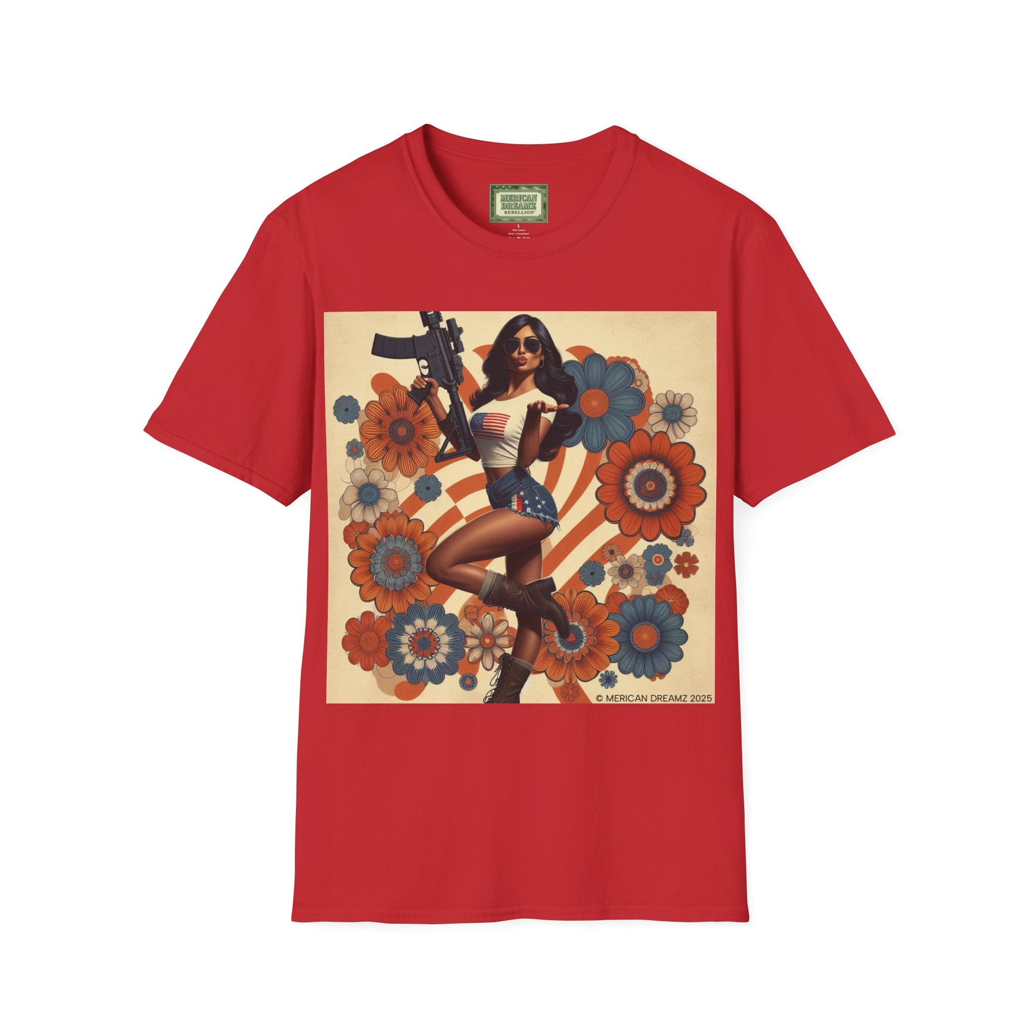 Graphic T-Shirt — Patriotic Pinup Girl with Rifle Vintage Flag Design (US Only)