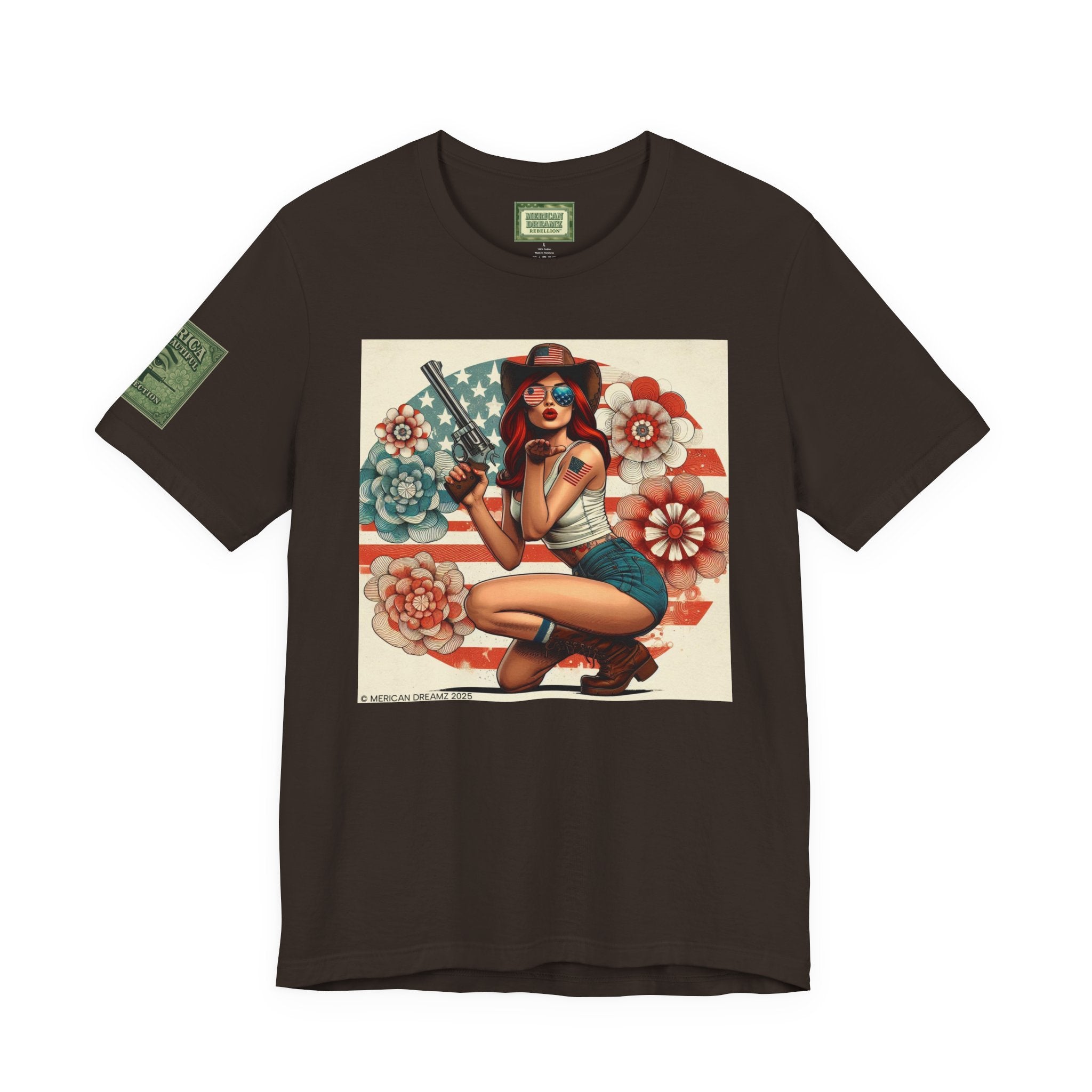 Graphic Short Sleeve Tee front and back — Retro Americana Pin-Up Cowgirls with .44 Magnum Revolvers