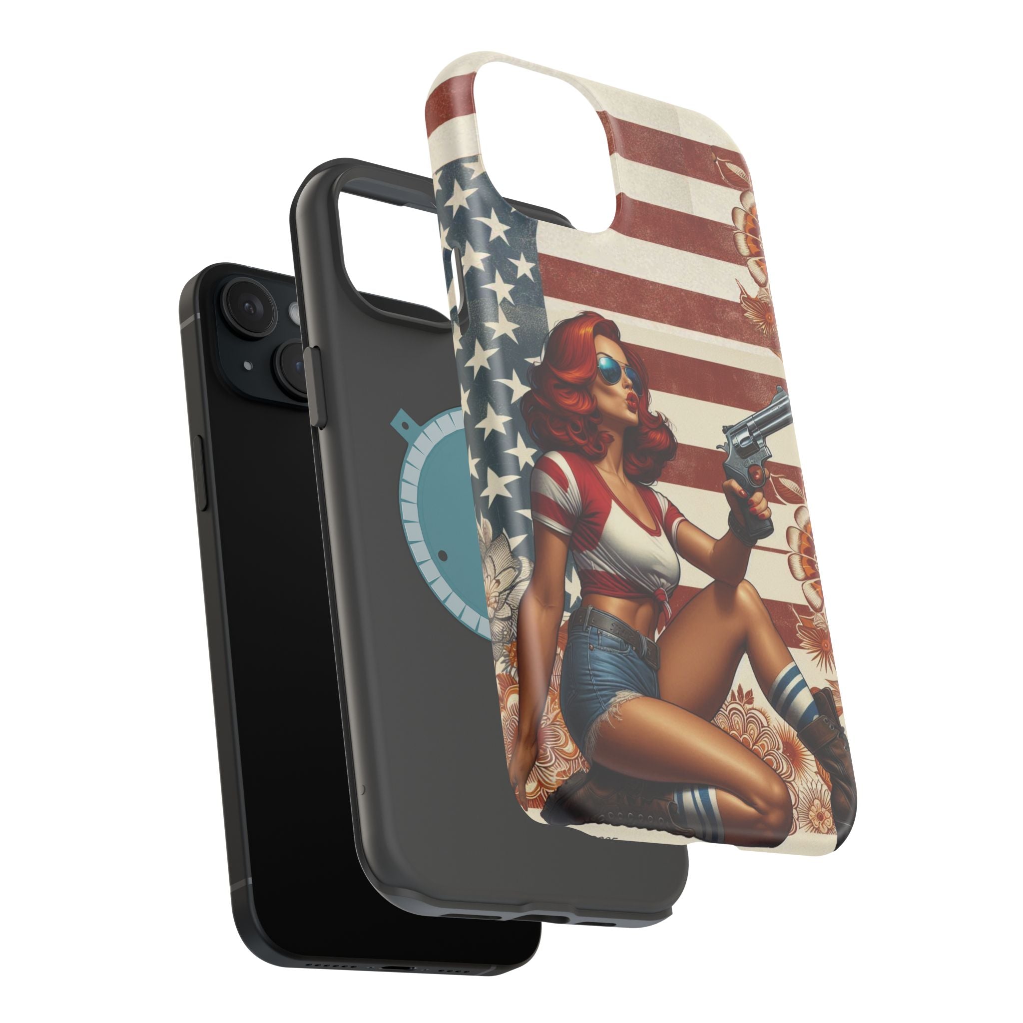 Americana .44 Magnum Pinup Girl - Magnetic Impact‑Resistant Phone Case  iPhone 13-17 / Samsung S26  MagSafe Compatible
