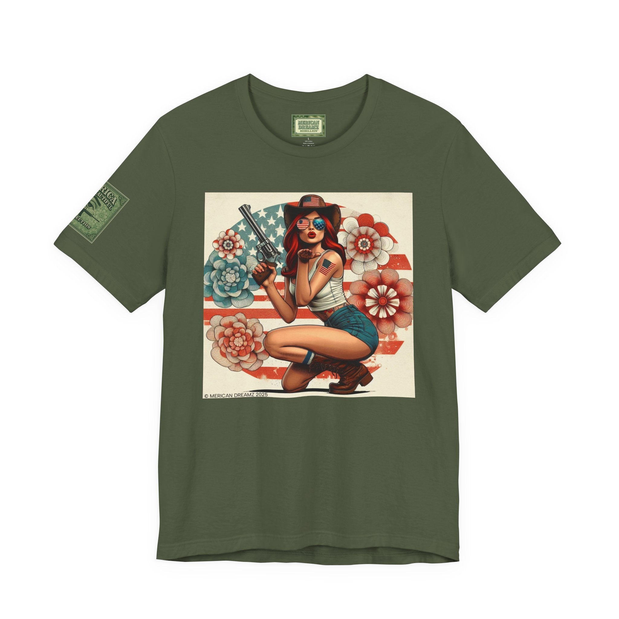 Graphic Short Sleeve Tee front and back — Retro Americana Pin-Up Cowgirls with .44 Magnum Revolvers