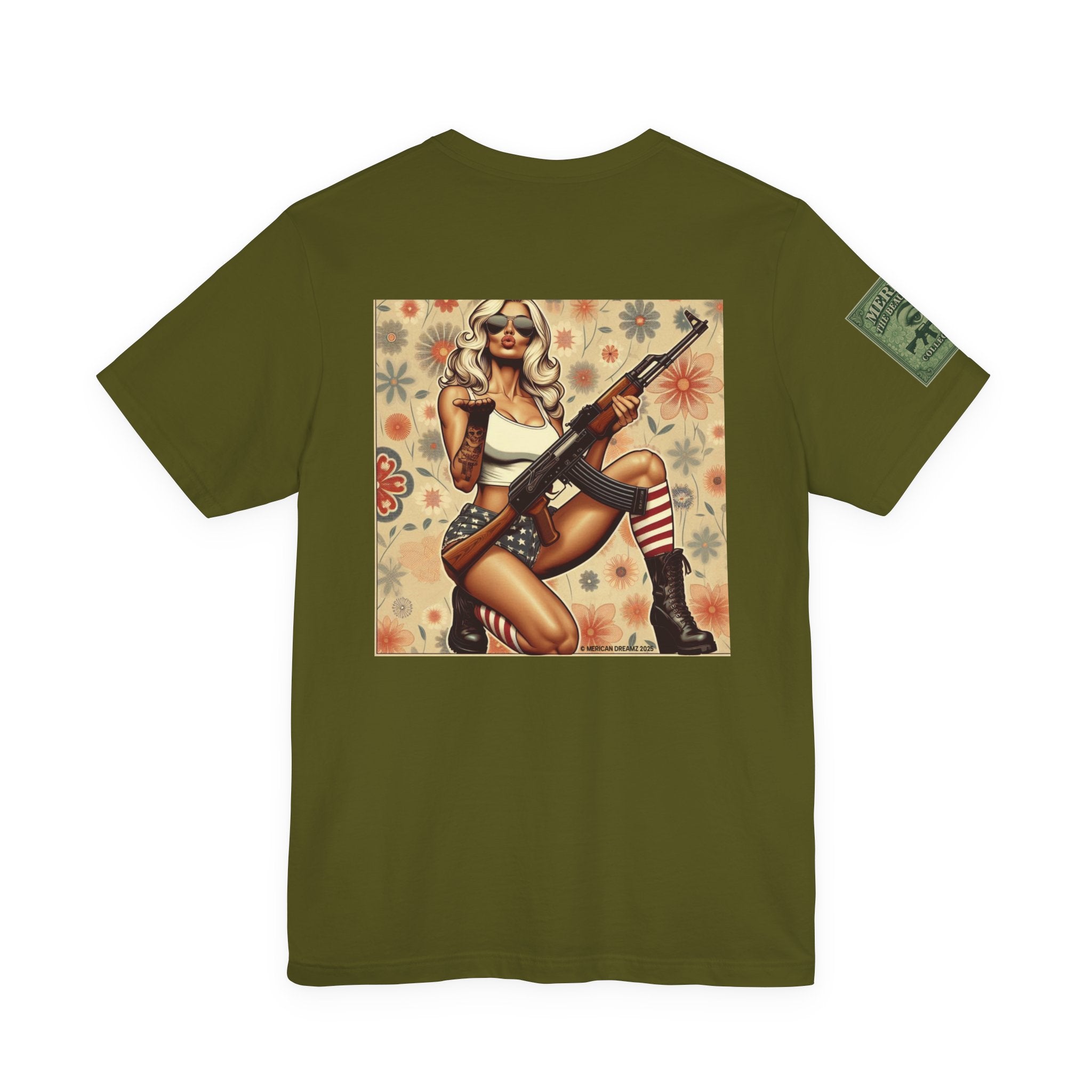 Graphic Short Sleeve Tee front and back — Retro Americana Pin-Up Girls with AK-47 Rifles
