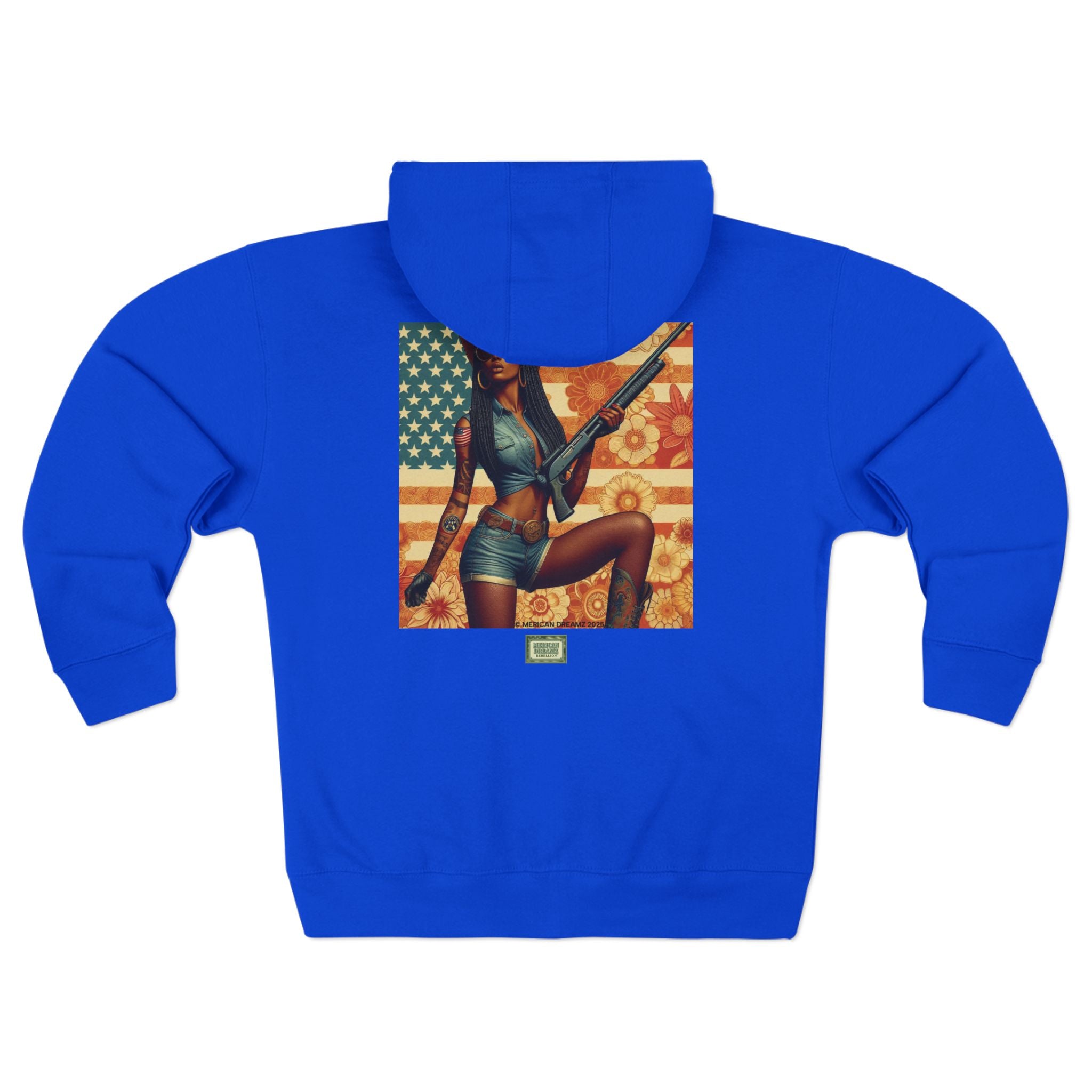 Americana Pinup Cowgirl with Shotgun Zip Hoodie — Retro Vintage Patriotic Graphic