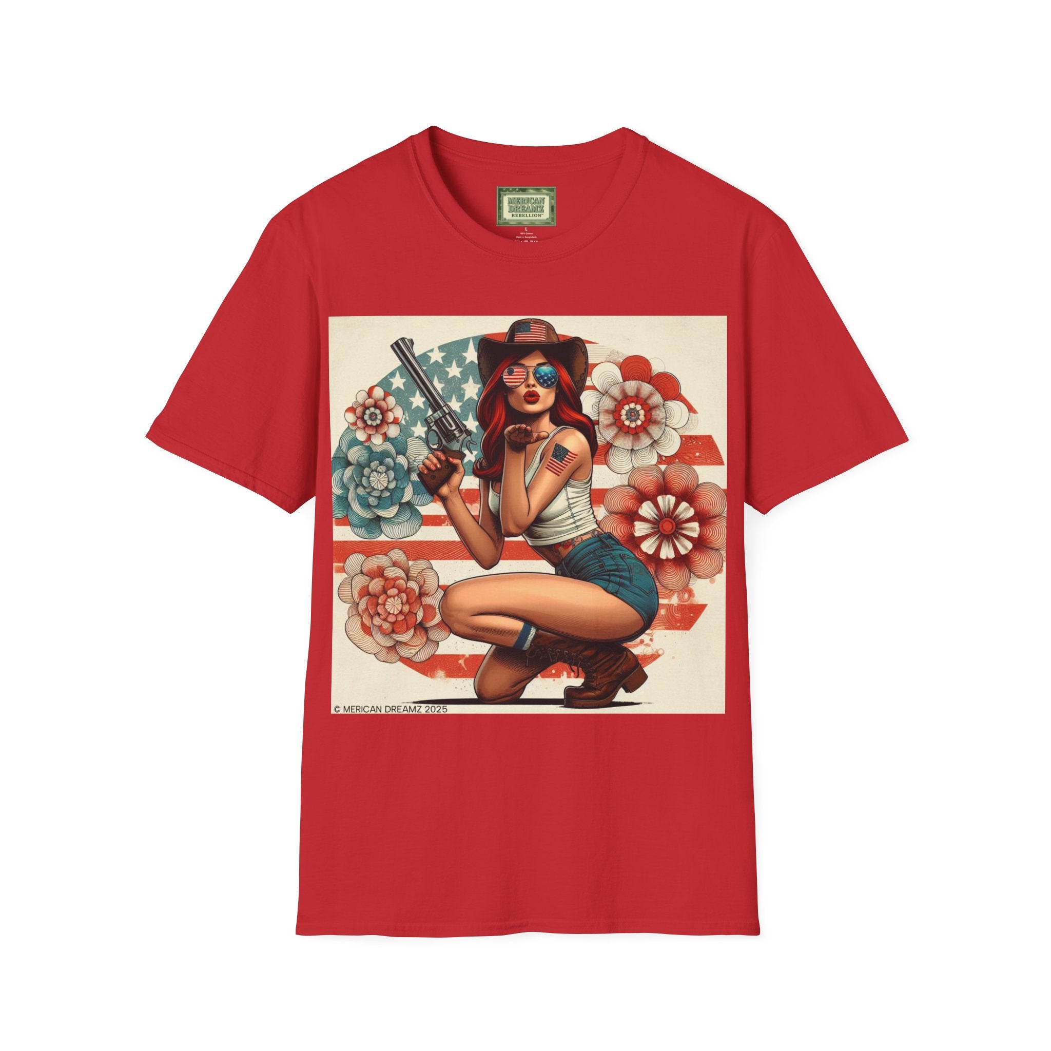 Pin-Up Americana T-Shirt — Retro Floral Gun Cowgirl Vintage Style (US Only)