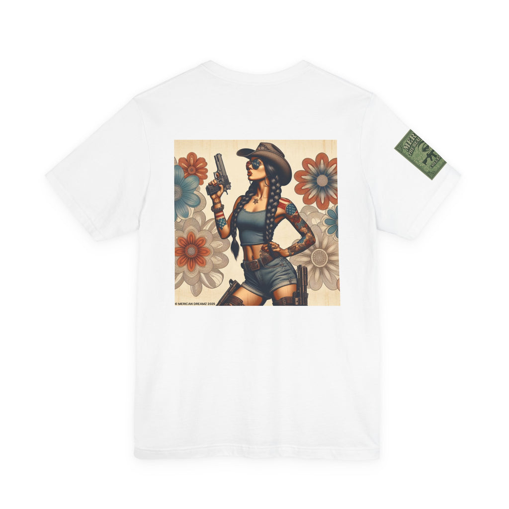 Graphic Short Sleeve Tee front and back — Retro Americana Pin-Up Cowgirls with 9mm Pistols