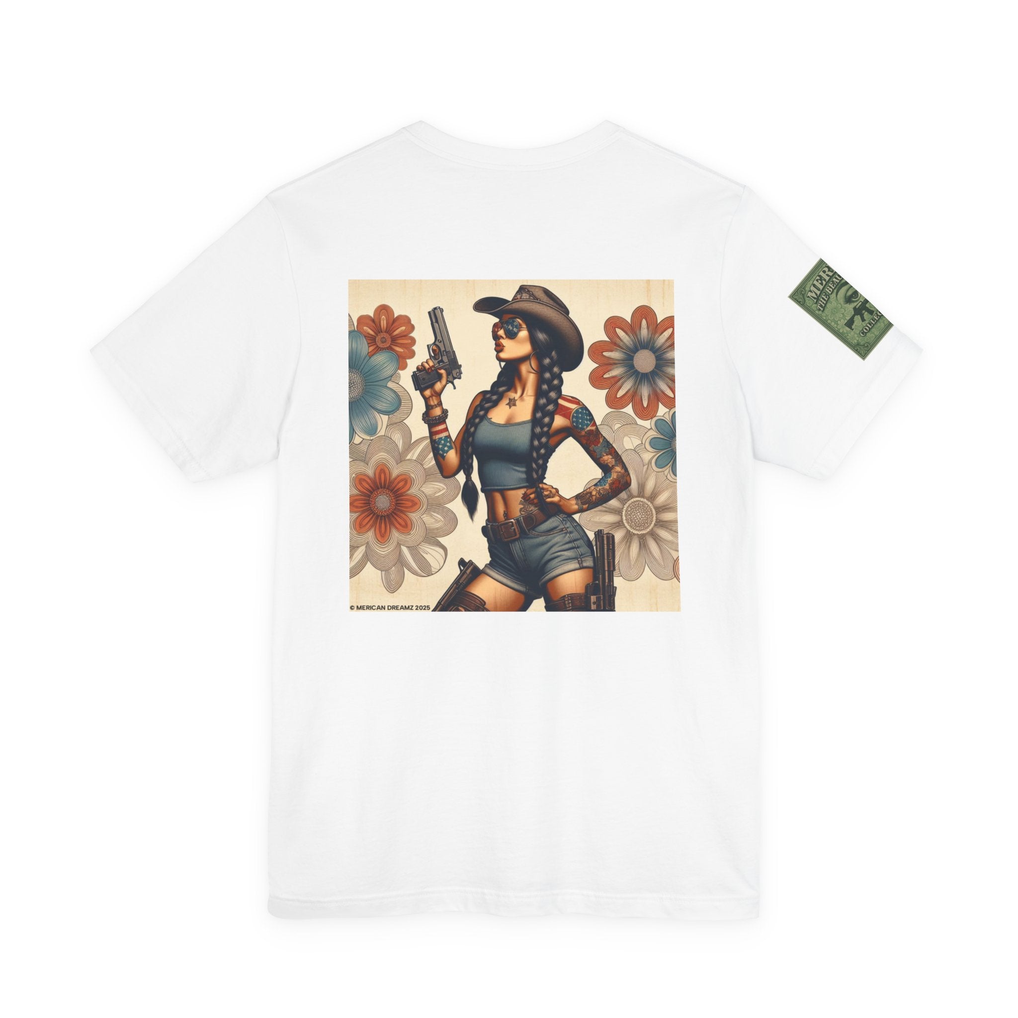 Graphic Short Sleeve Tee front and back — Retro Americana Pin-Up Cowgirls with 9mm Pistols