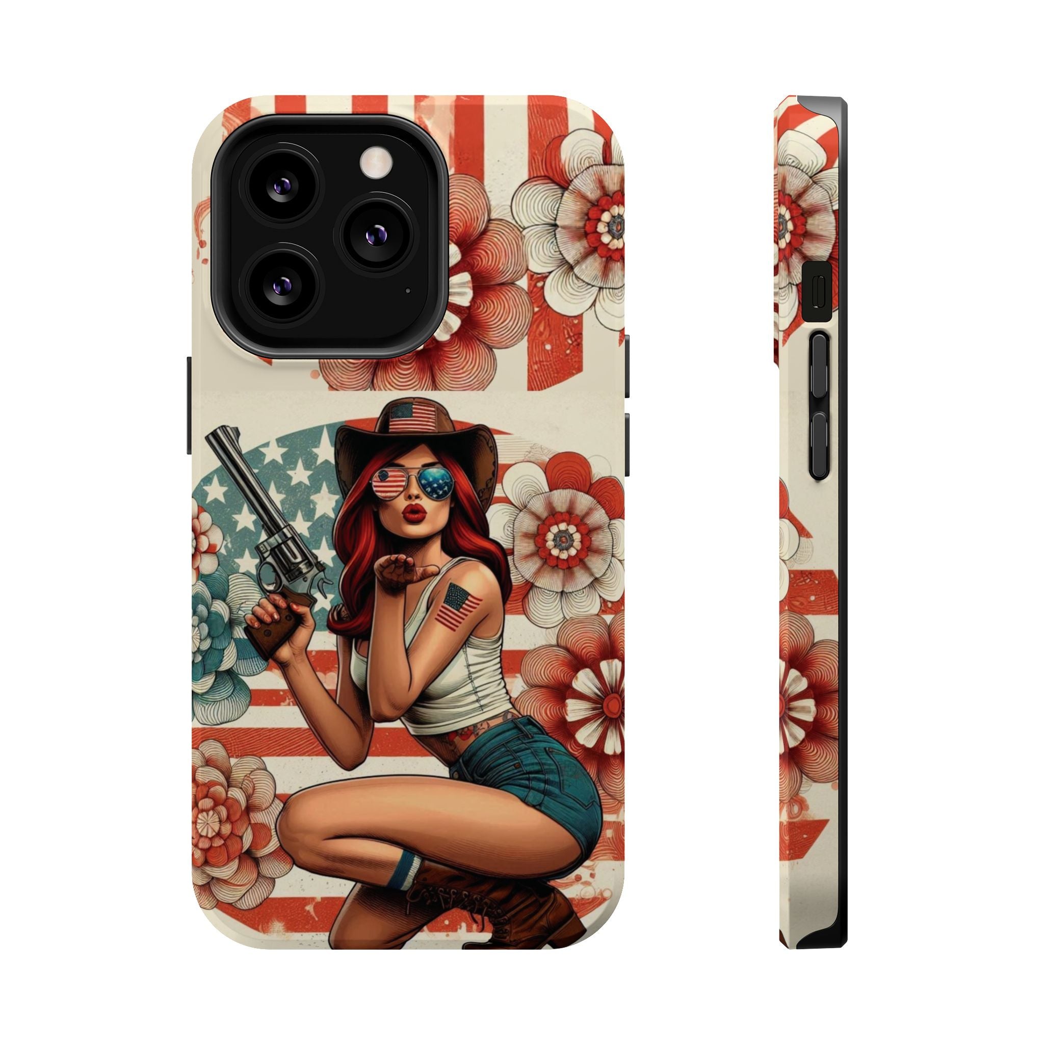 Americana .44 Magnum Pinup Girl - Magnetic Impact‑Resistant Phone Case  iPhone 13-17 / Samsung S26  MagSafe Compatible