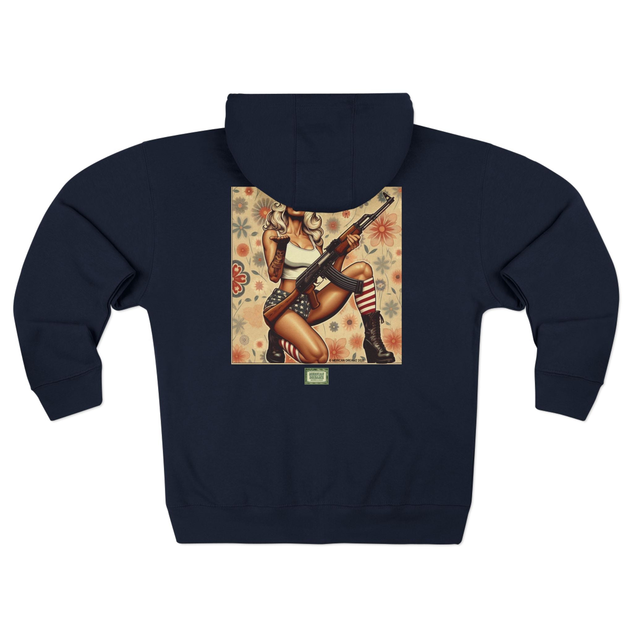 Americana Pinup girl with AK-47 Zip Hoodie — Retro Vintage Patriotic Graphic