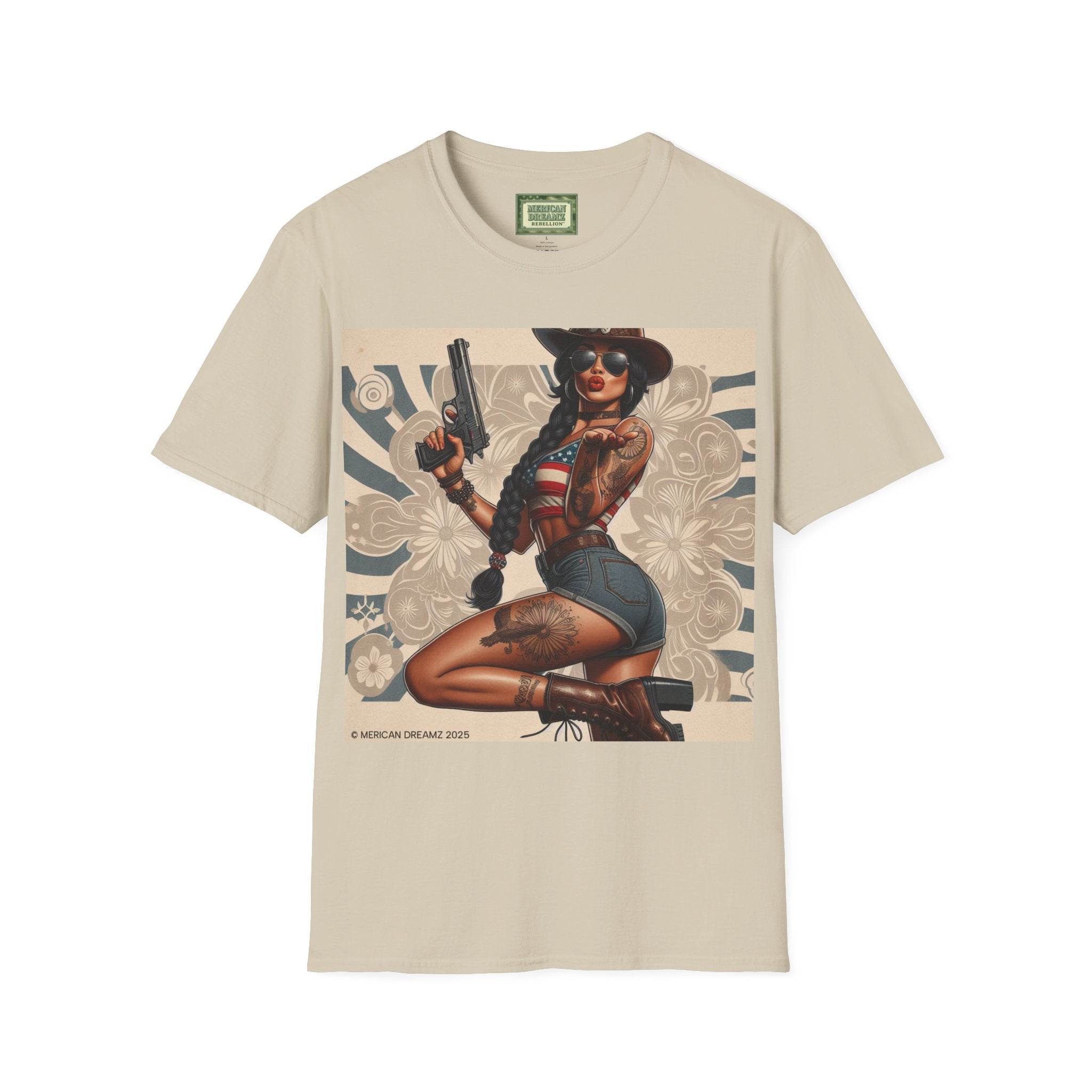 Pin-Up Americana T-Shirt — Retro Floral Gun Cowgirl Vintage Style (US Only)