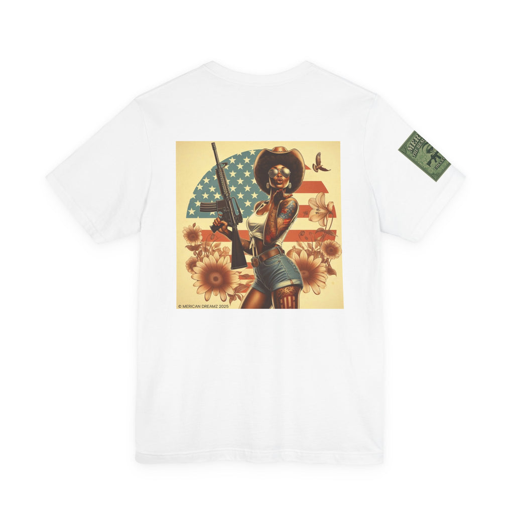 Graphic Short Sleeve Tee front and back — Retro Americana Pin-Up Cowgirls with .44 Magnum and AR-15