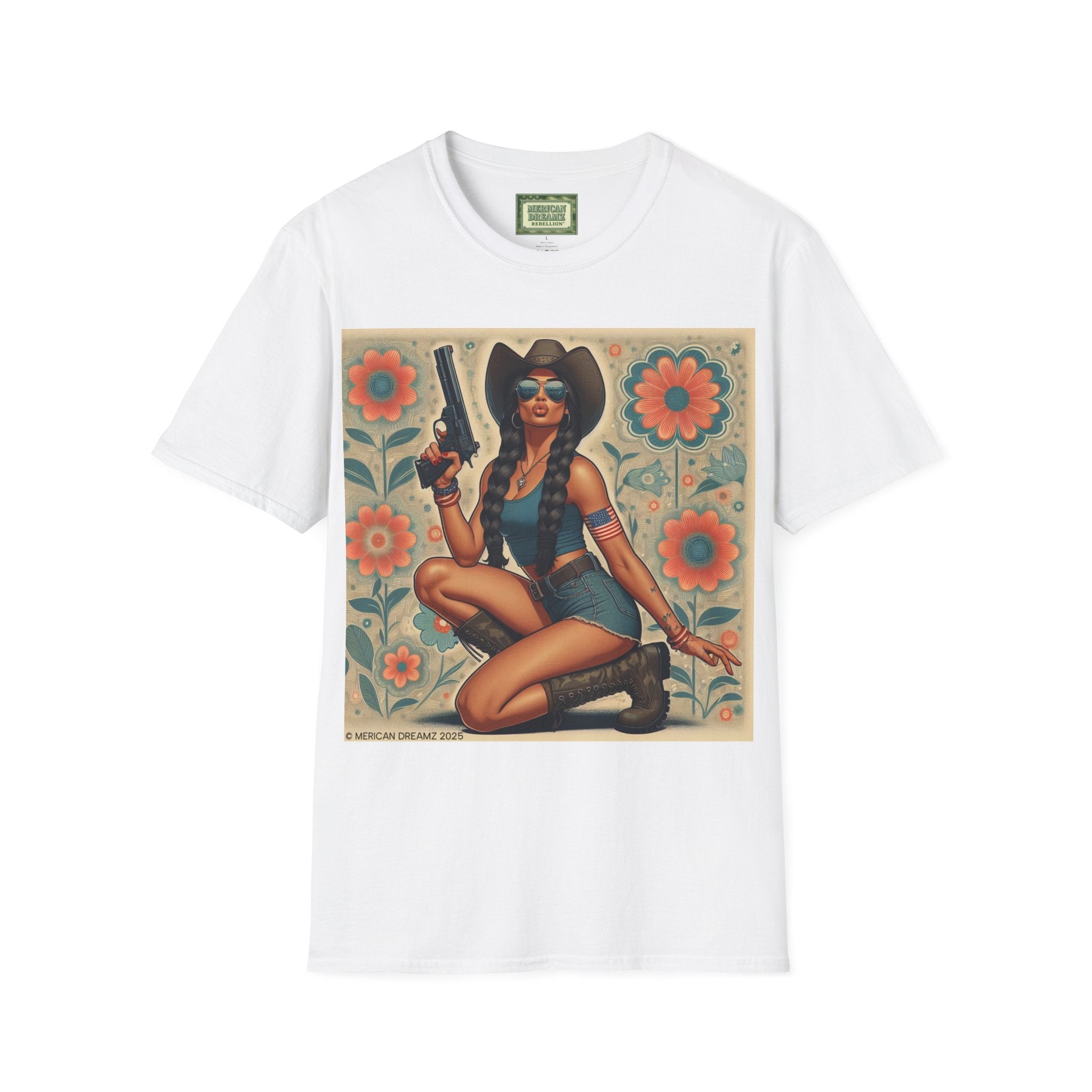 Pin-Up Americana T-Shirt — Retro Floral Gun Cowgirl Vintage Style (US Only)