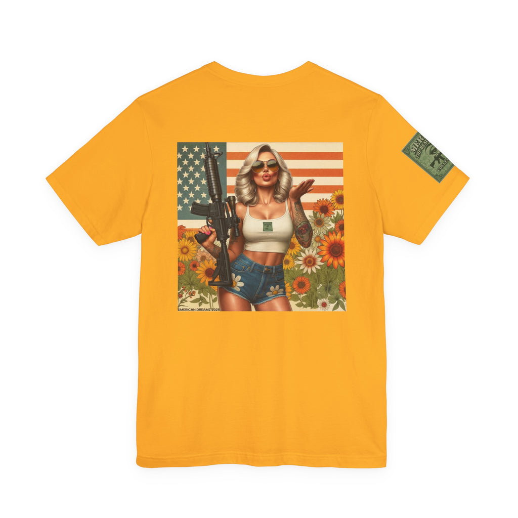 Graphic Short Sleeve Tee front and back — Retro Americana Pin-Up Girls with AR-15 Rifles