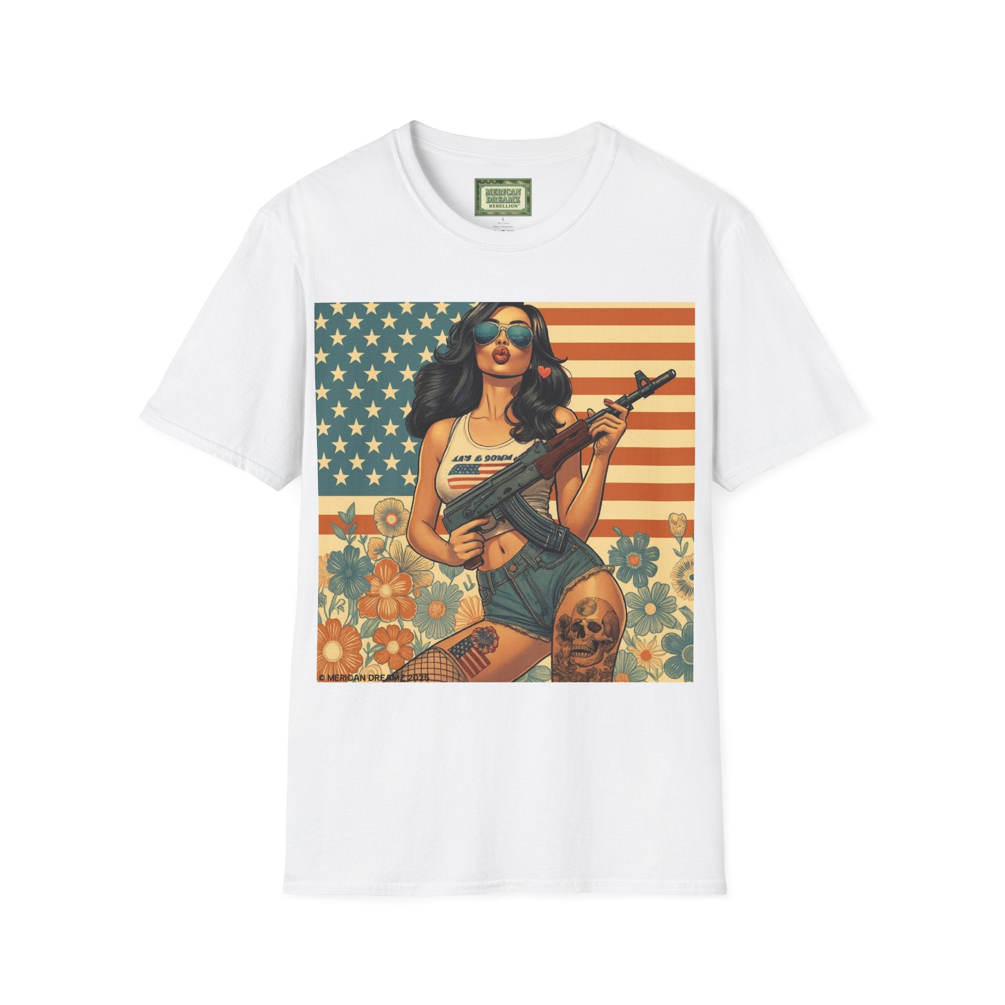 Graphic T-Shirt — Patriotic Pinup Girl with Rifle Vintage Flag Design (US Only)