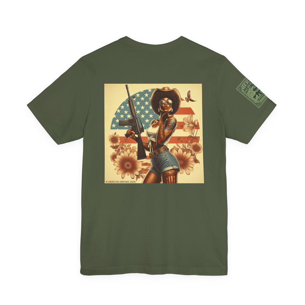 Graphic Short Sleeve Tee front and back — Retro Americana Pin-Up Cowgirls with .44 Magnum and AR-15
