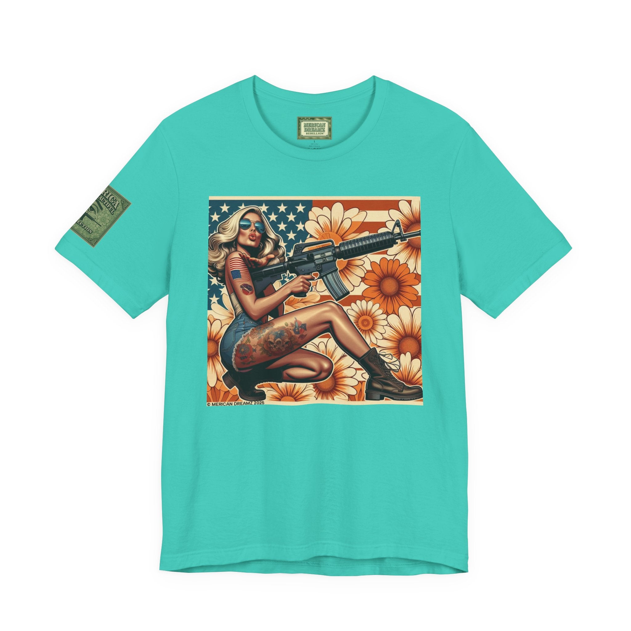 Graphic Short Sleeve Tee front and back — Retro Americana Pin-Up Girls with AR-15 Rifles