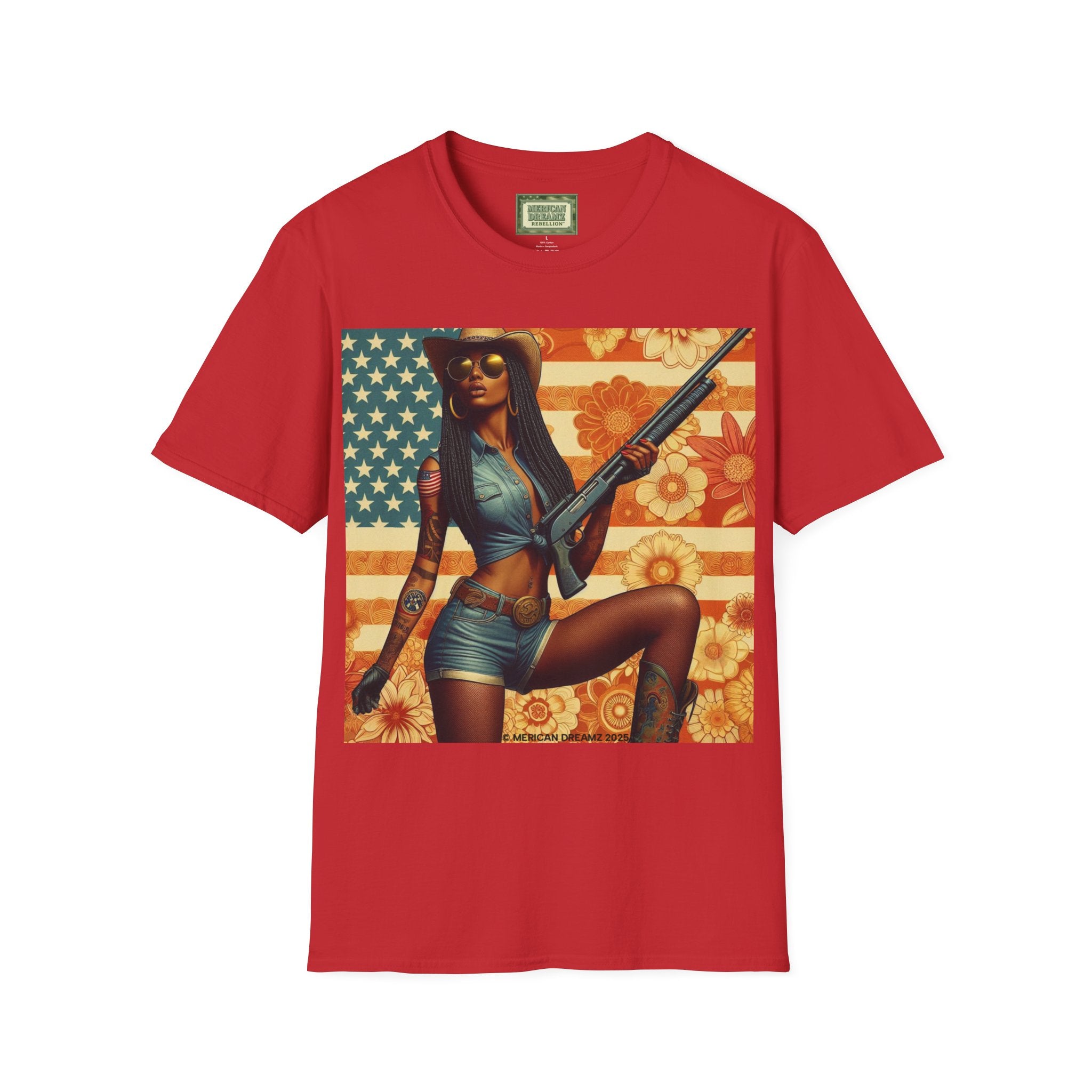 Pin-Up Americana T-Shirt — Retro Floral Gun Cowgirl Vintage Style (US Only)