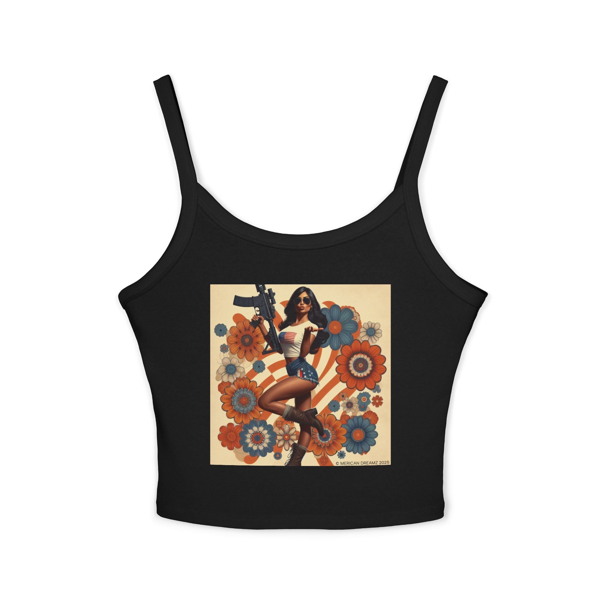 Retro Pinup Girl Tank Top — Vintage Flag & Floral Spaghetti Strap