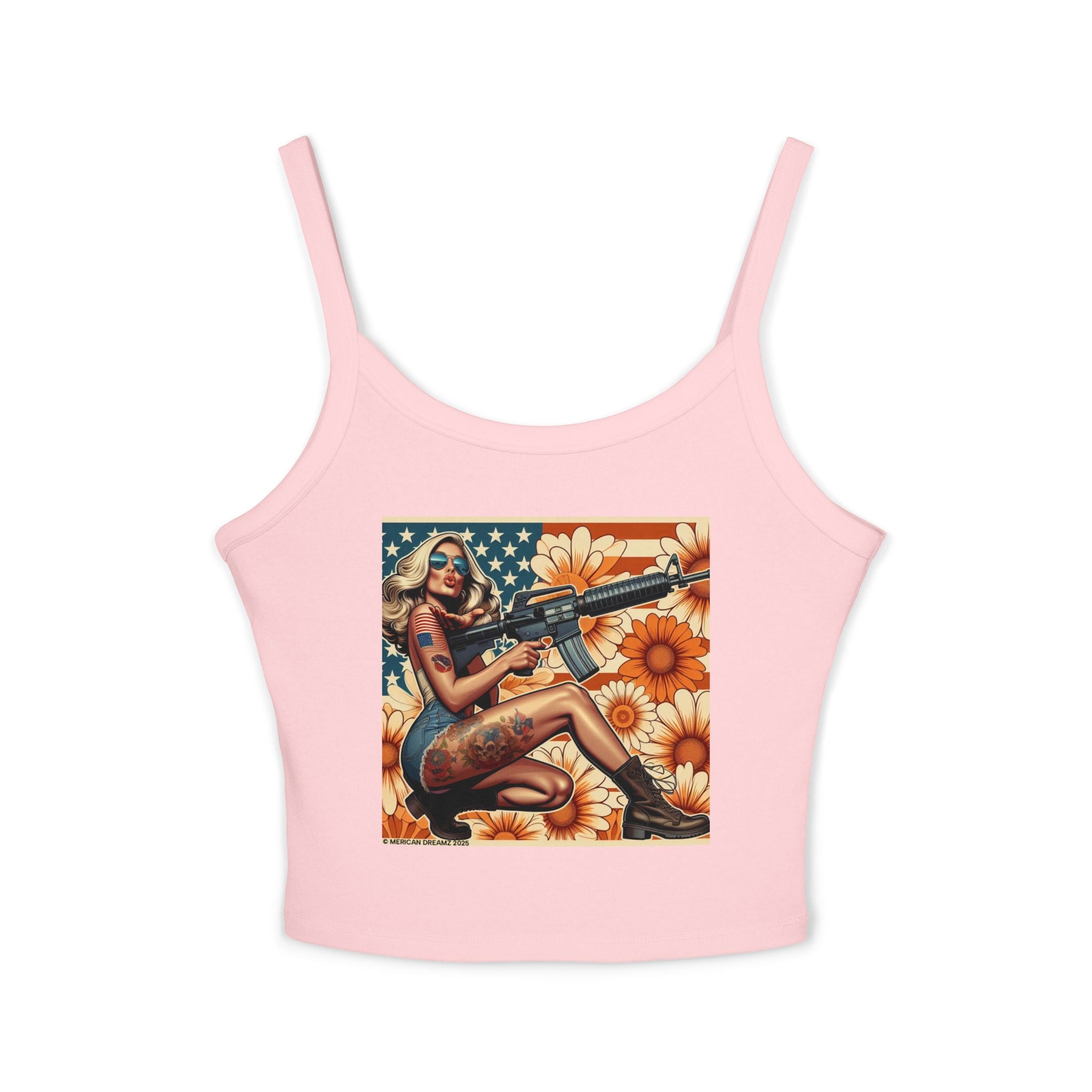 Retro Pinup Girl Tank Top — Vintage Flag & Floral Spaghetti Strap
