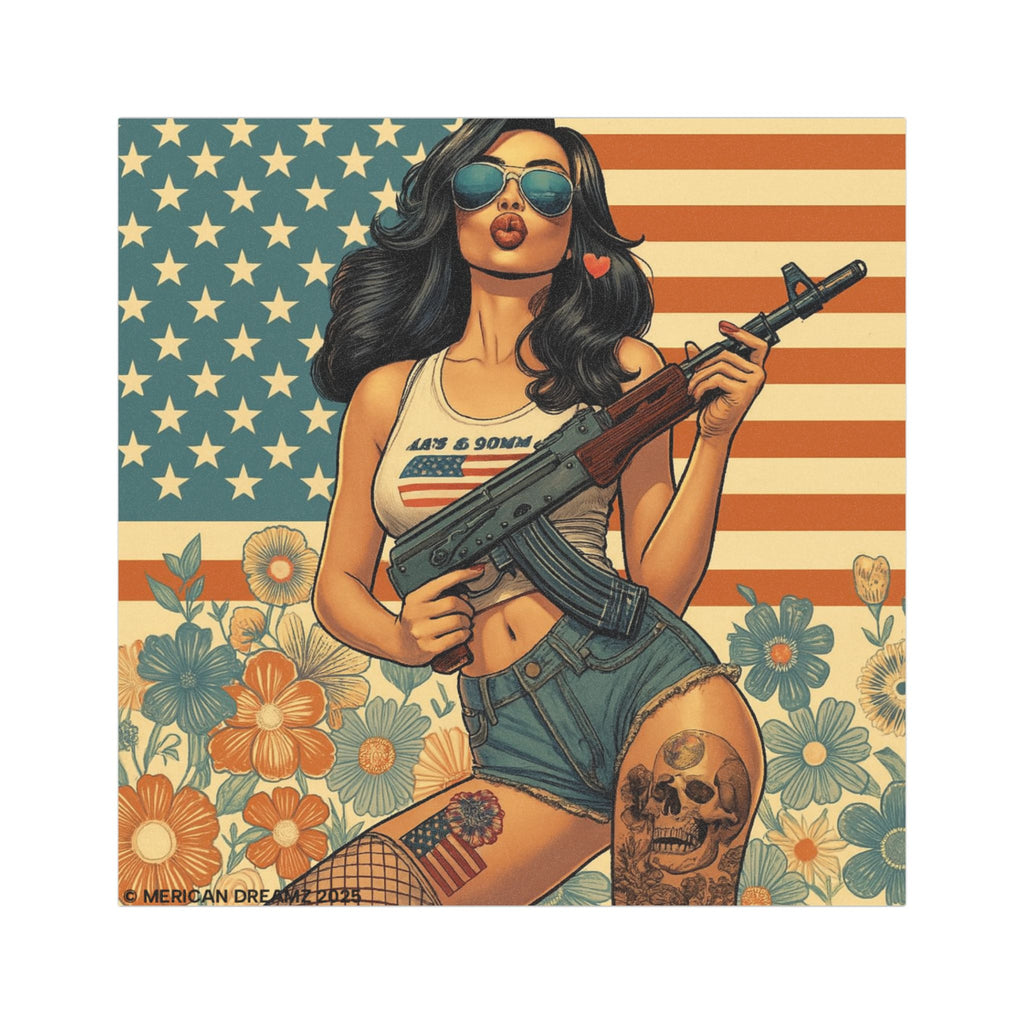 Car Magnet Patriotic Americana Cowgirl with Rifle | Square American Flag Vintage Floral