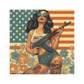 Car Magnet Patriotic Americana Cowgirl with Rifle | Square American Flag Vintage Floral