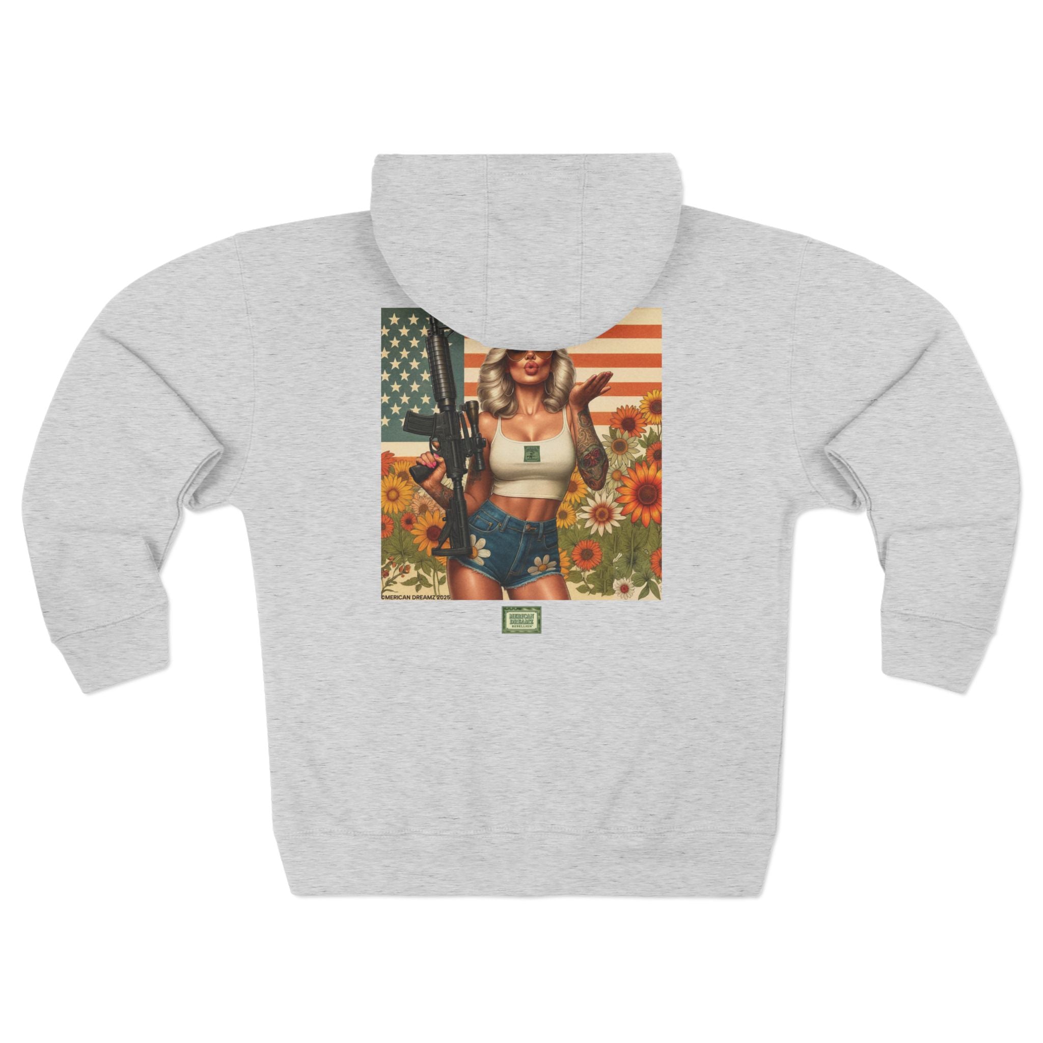 Americana Pinup girl with AR-15 Zip Hoodie — Retro Vintage Patriotic Graphic