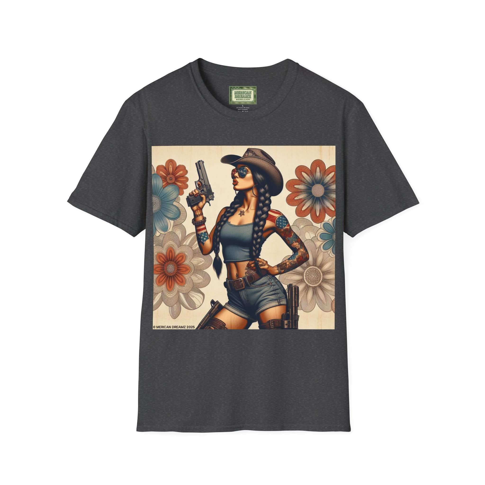 Pin-Up Americana T-Shirt — Retro Floral Gun Cowgirl Vintage Style (US Only)