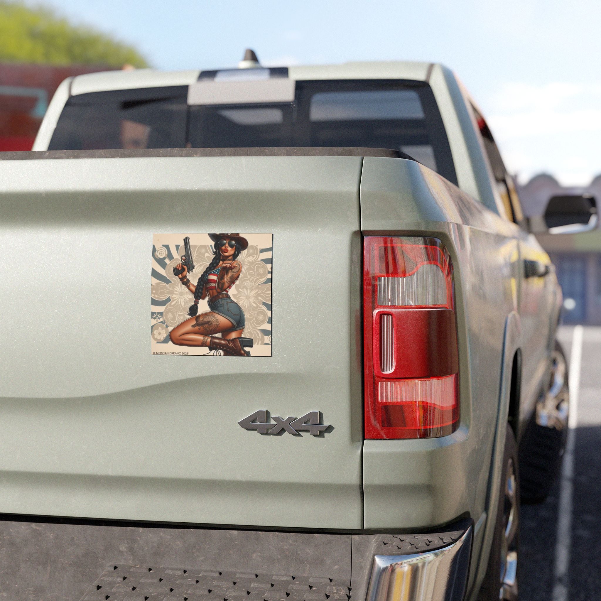 Car Magnet Patriotic Americana Cowgirl with Pistol | Square American Flag Vintage Floral