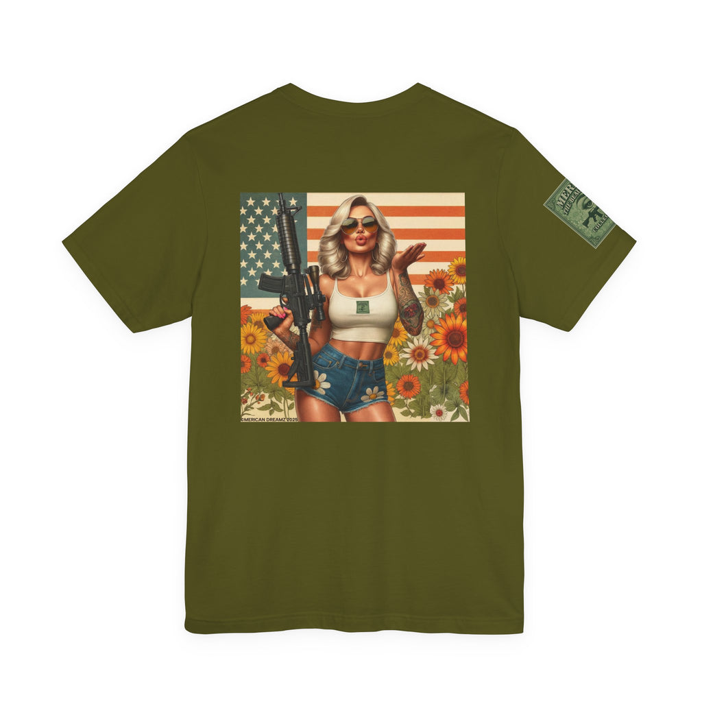 Graphic Short Sleeve Tee front and back — Retro Americana Pin-Up Girls with AR-15 Rifles