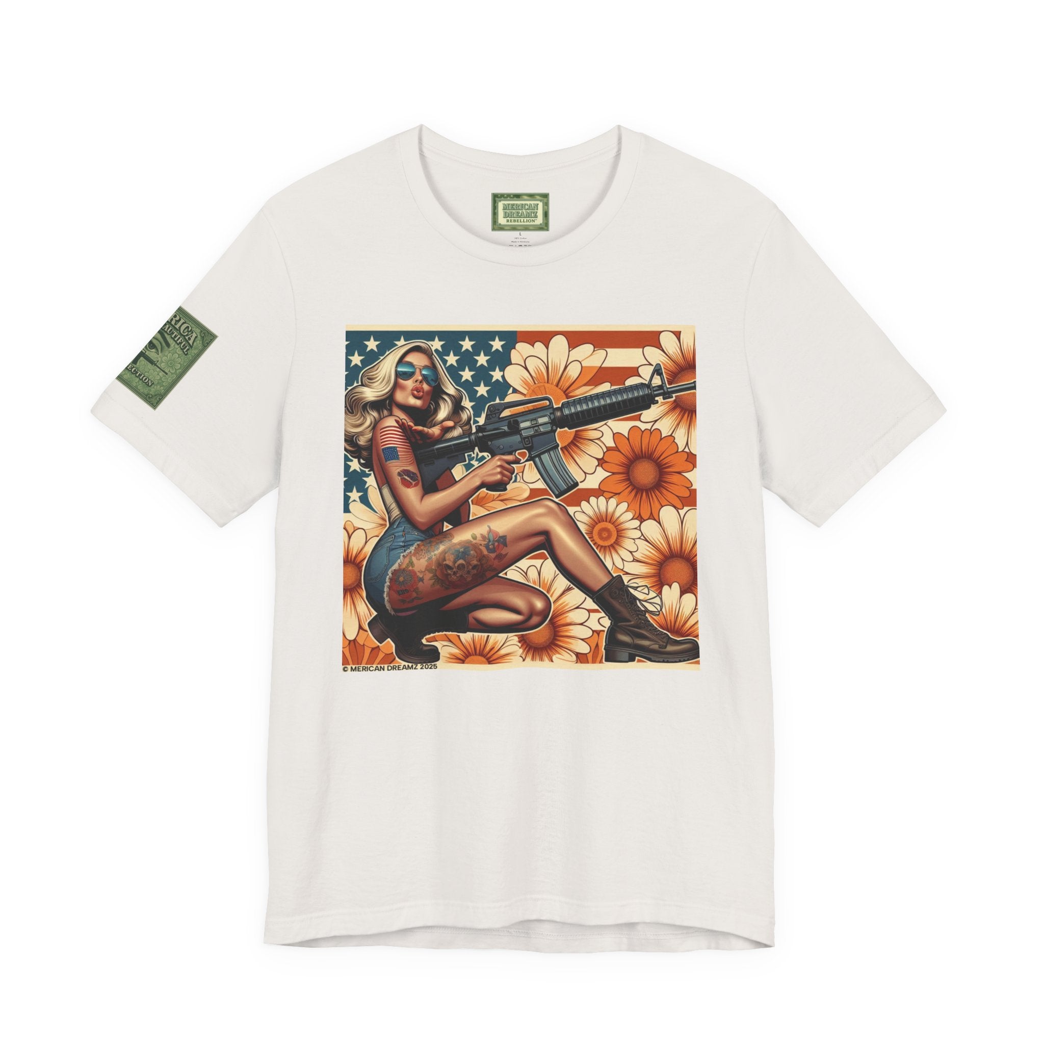 Graphic Short Sleeve Tee front and back — Retro Americana Pin-Up Girls with AR-15 Rifles