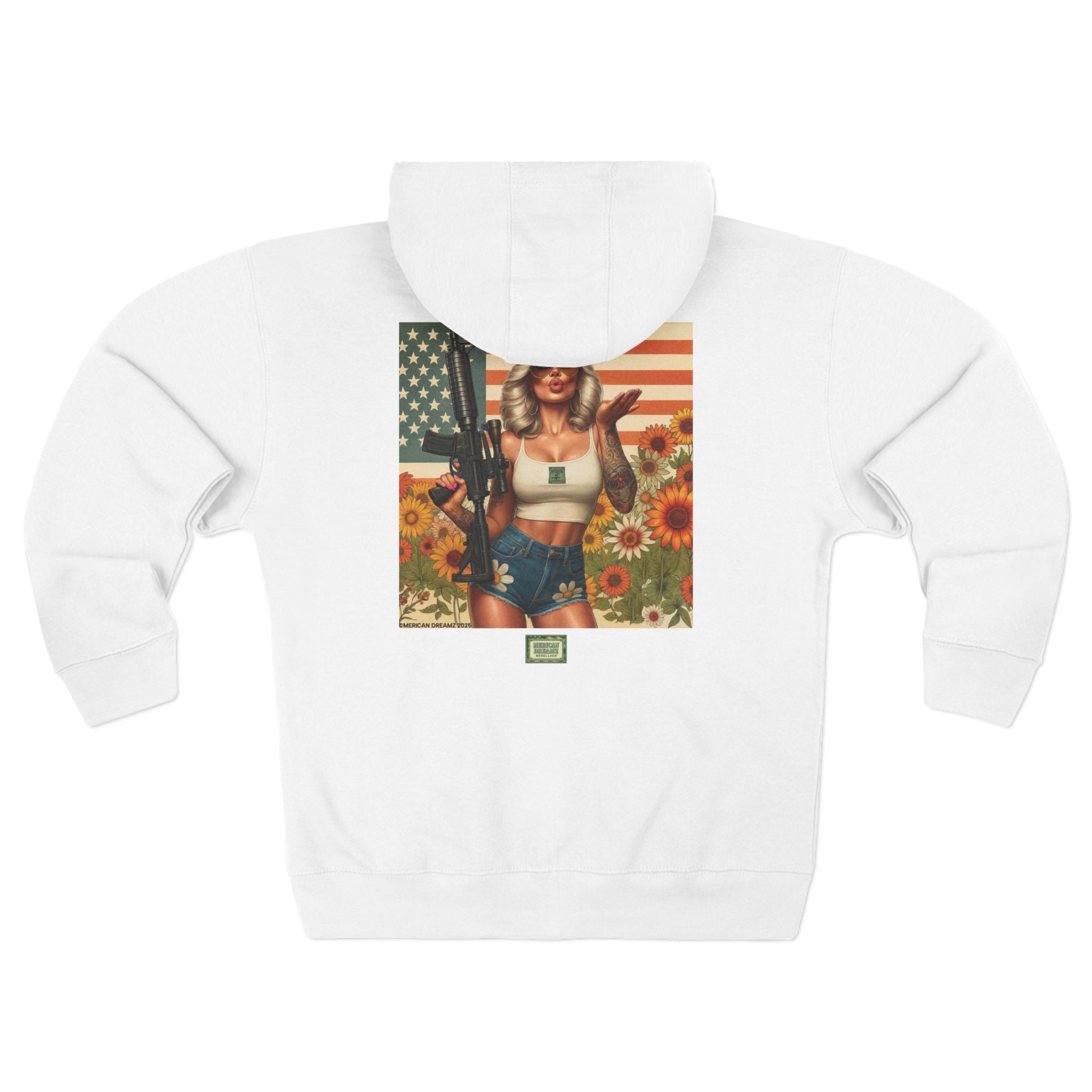 Americana Pinup girl with AR-15 Zip Hoodie — Retro Vintage Patriotic Graphic