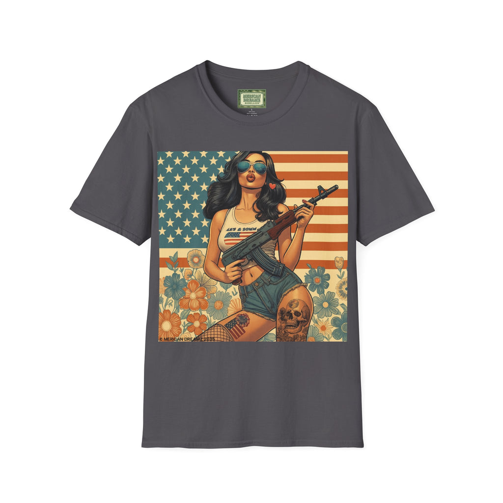 Graphic T-Shirt — Patriotic Pinup Girl with Rifle Vintage Flag Design (US Only)