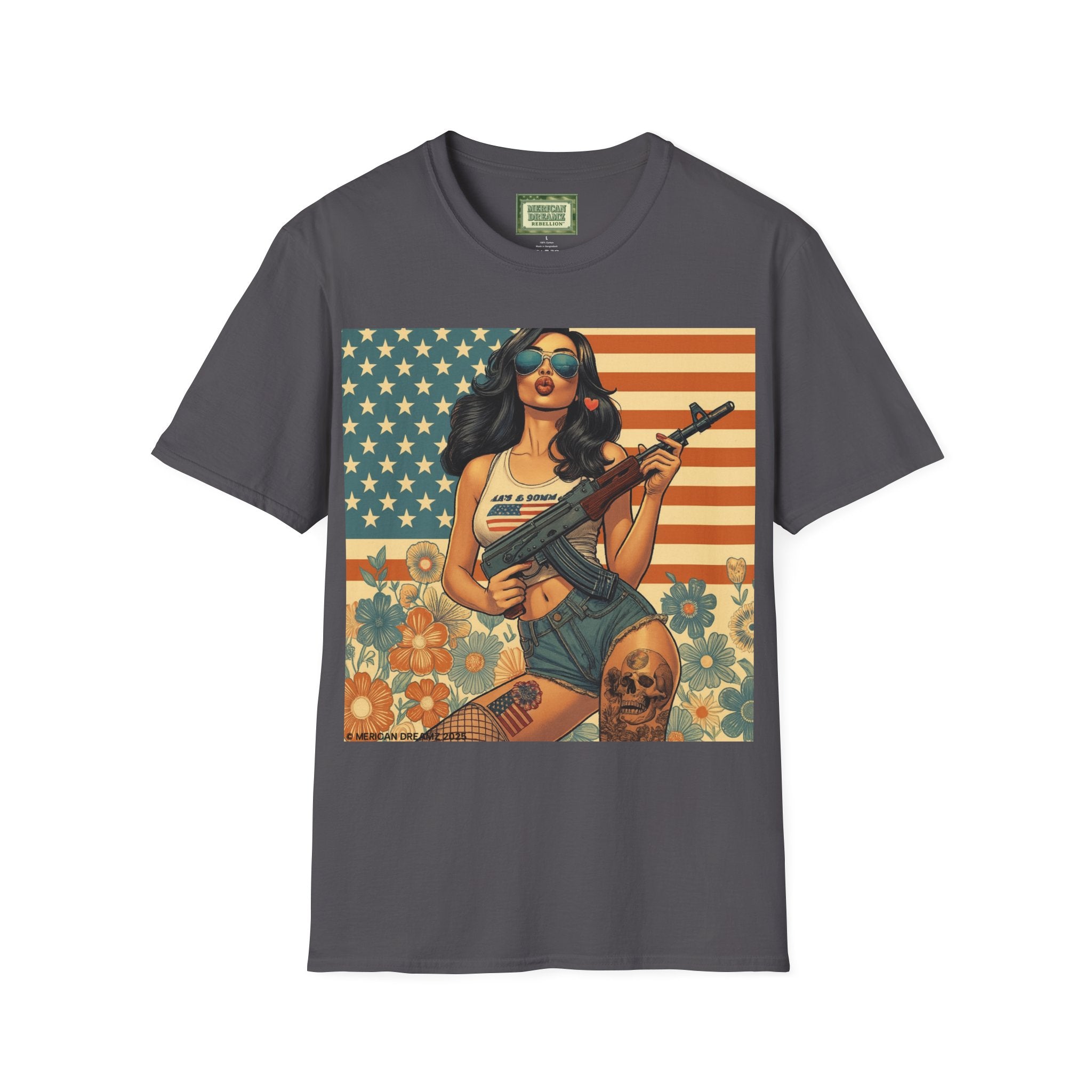 Graphic T-Shirt — Patriotic Pinup Girl with Rifle Vintage Flag Design (US Only)