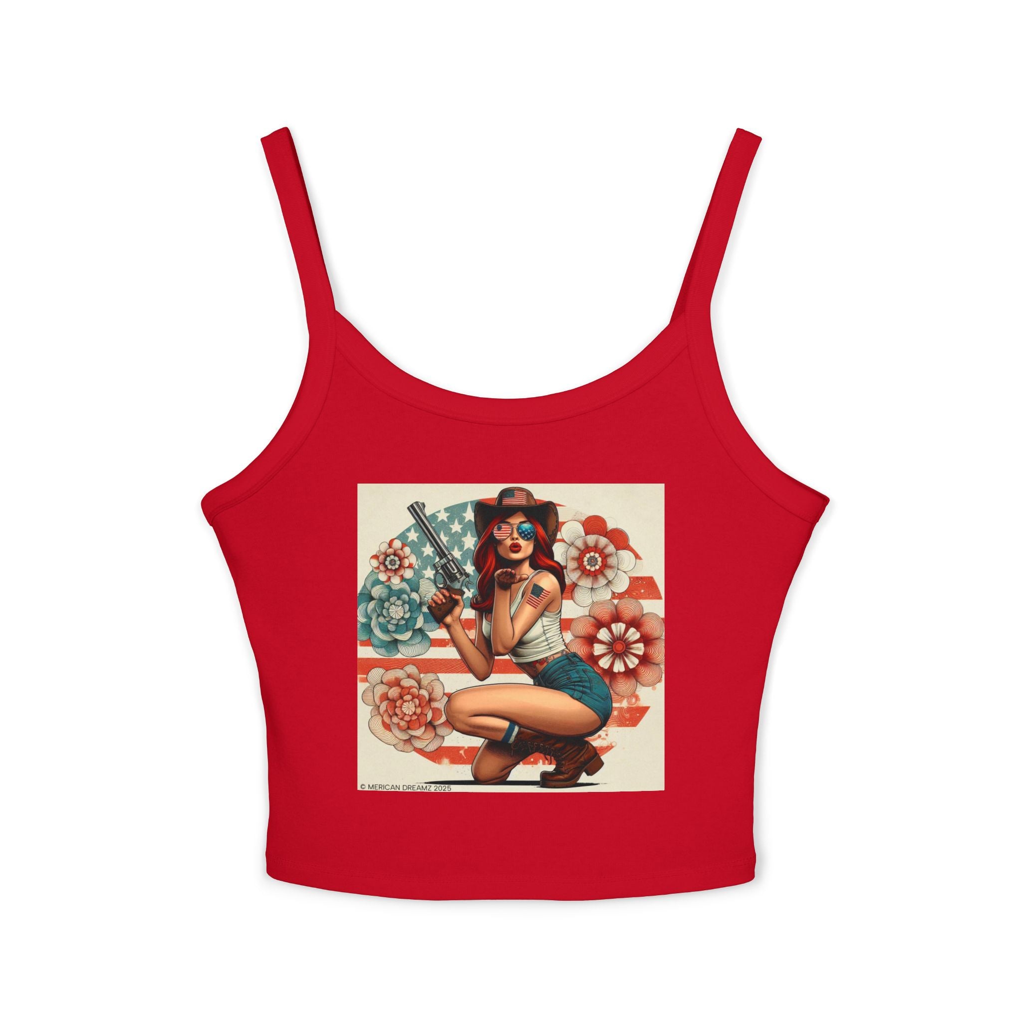 Retro Pinup Girl Tank Top — Vintage Flag & Floral Spaghetti Strap